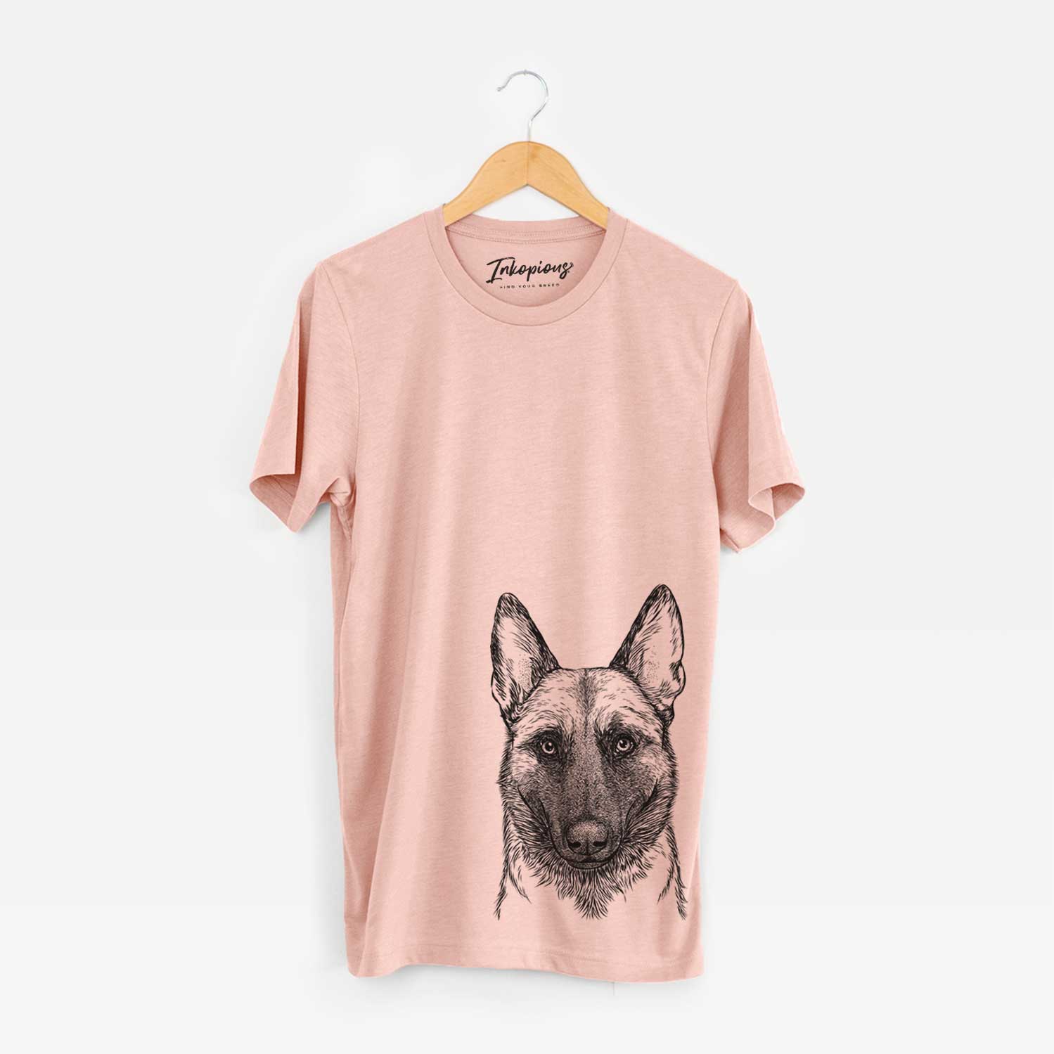 Hand-drawn sketch of Gunther the Belgian Malinois on a Peach Bella Canvas Unisex Crewneck