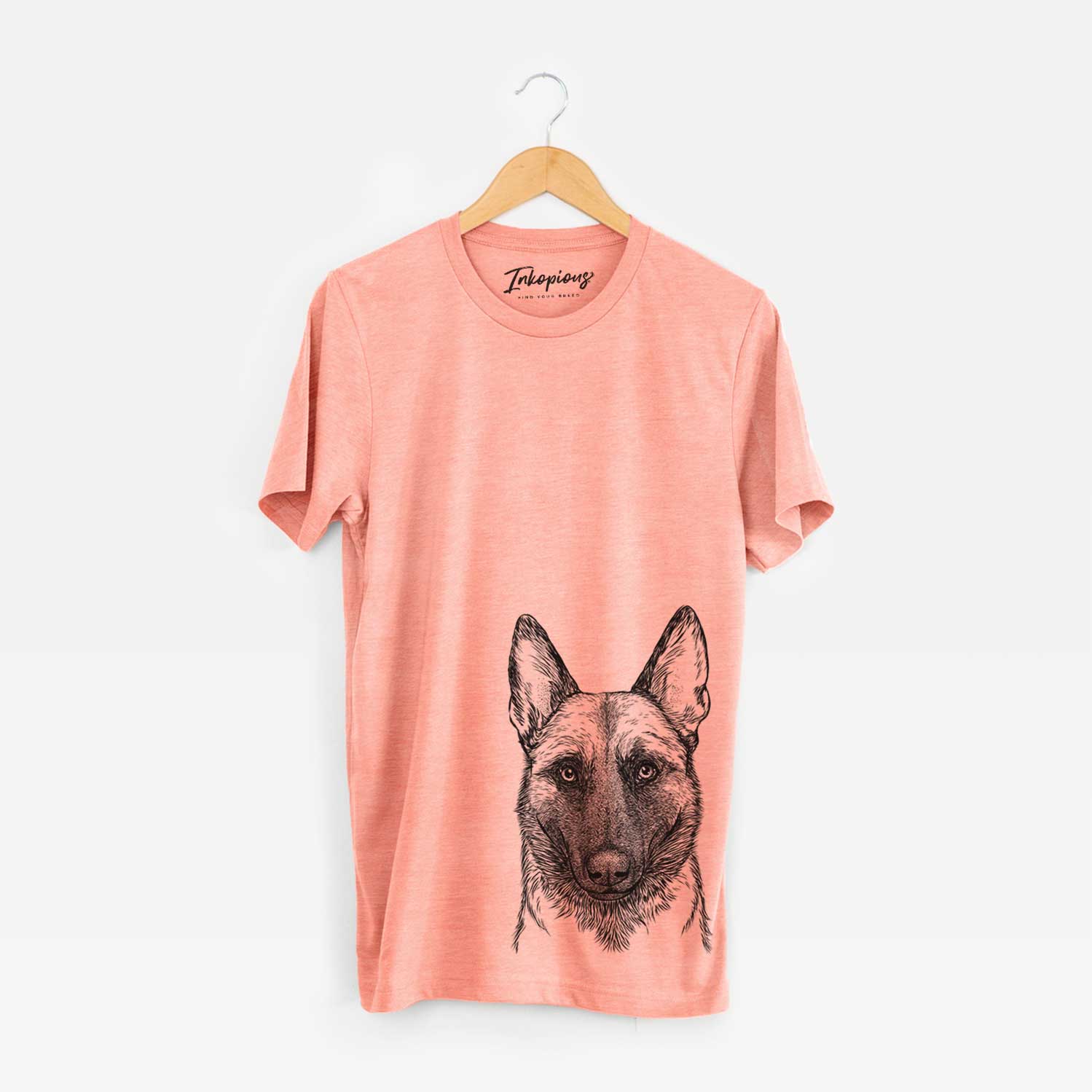 Hand-drawn sketch of Gunther the Belgian Malinois on a Sunset Bella Canvas Unisex Crewneck