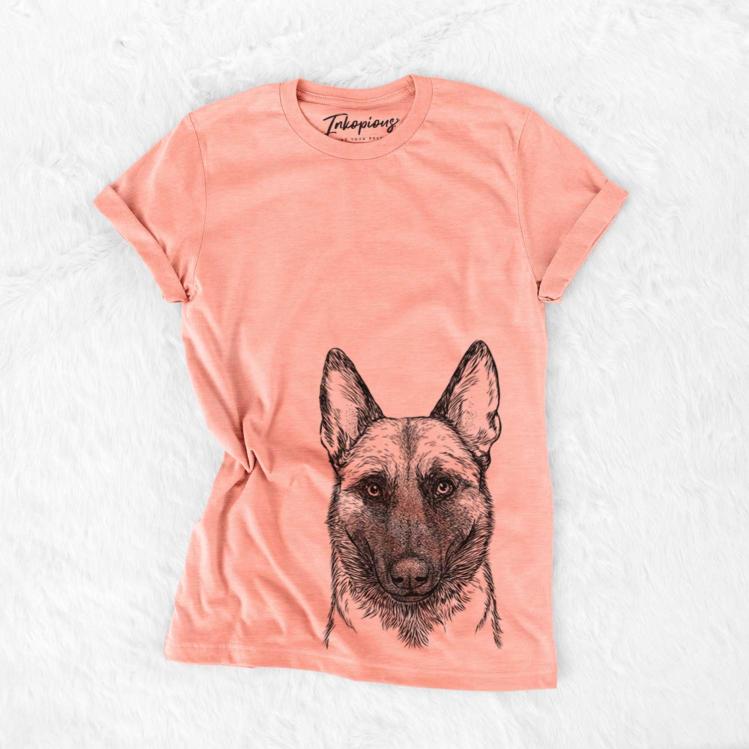 Hand-drawn sketch of Gunther the Belgian Malinois on a Sunset Bella Canvas Unisex Crewneck