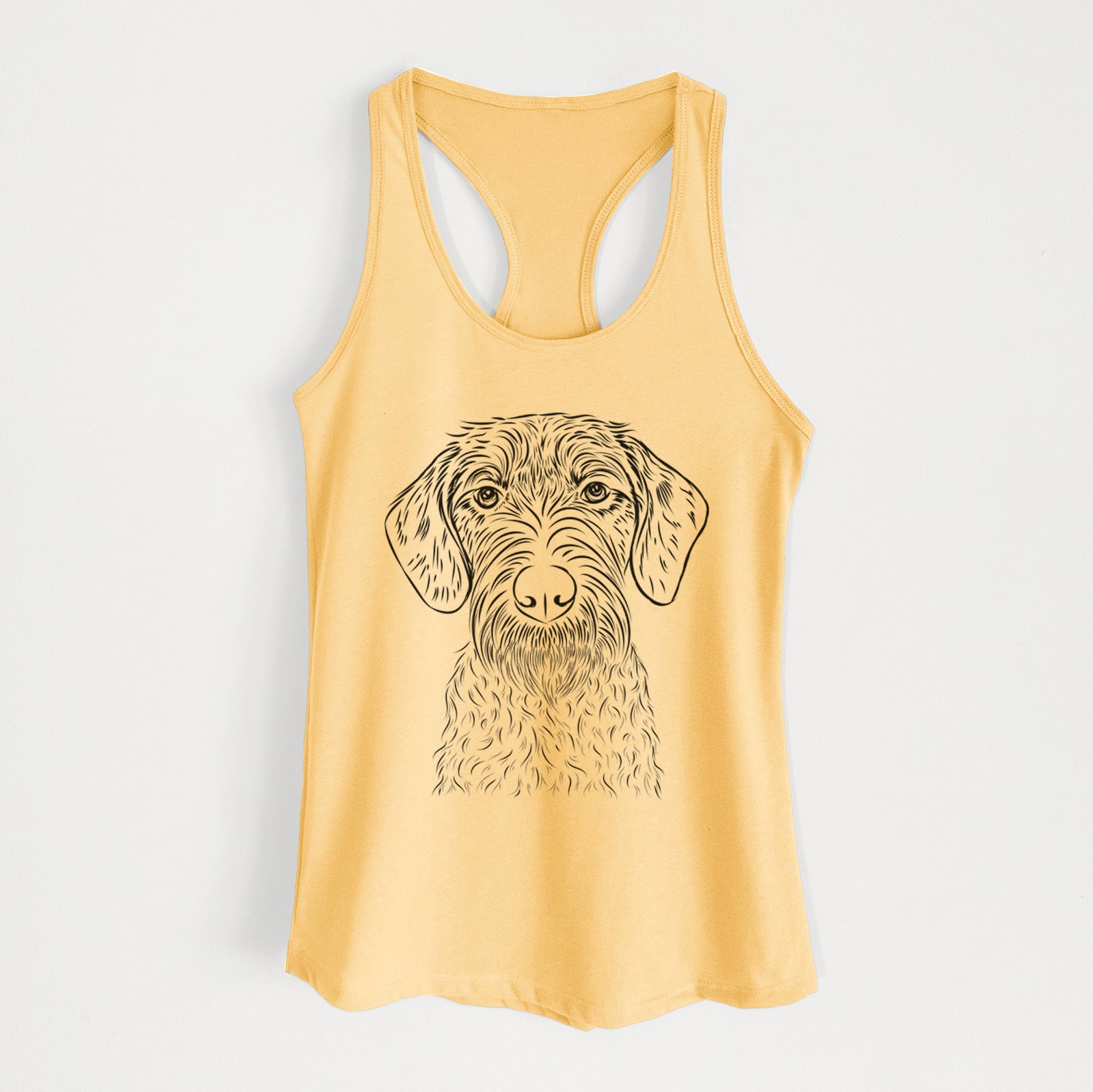 Hand-drawn sketch of Gus the German Wirehaired Pointer on a Banana Cream Women's racerback tanktop