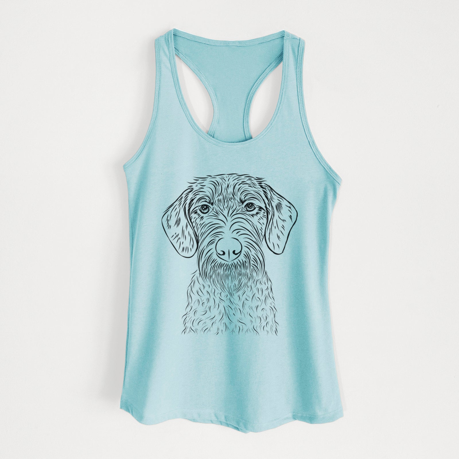 Hand-drawn sketch of Gus the German Wirehaired Pointer on a Cancun Blue Women's racerback tanktop