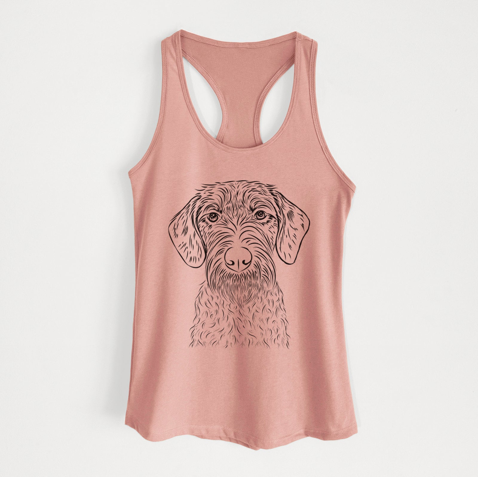 Hand-drawn sketch of Gus the German Wirehaired Pointer on a Desert Pink Women's racerback tanktop