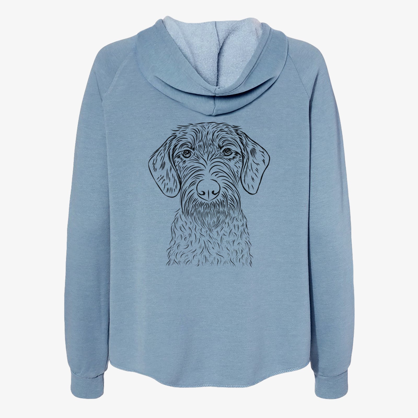 Hand-drawn sketch of Gus the German Wirehaired Pointer on a Misty Blue Women's cali wave zip-up sweatshirt
