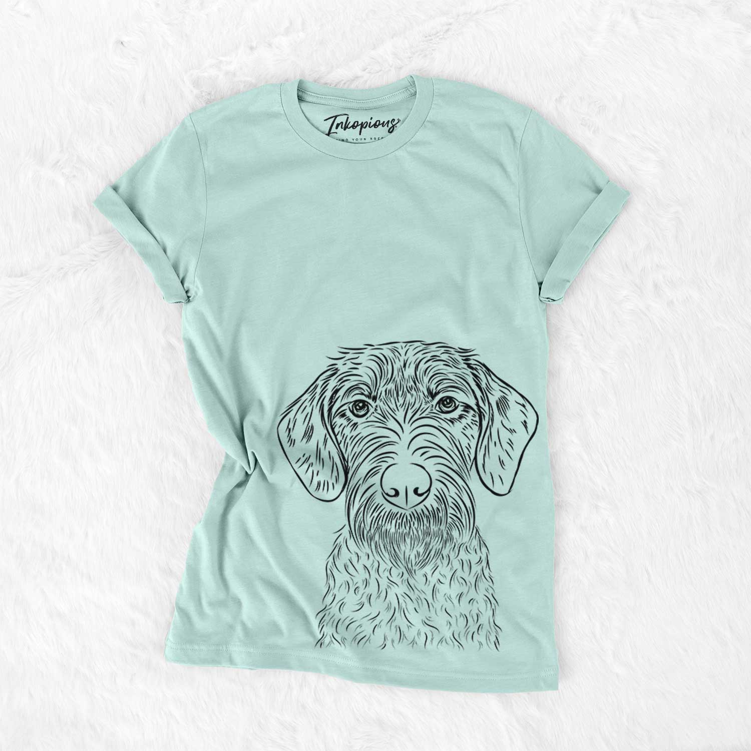 Hand-drawn sketch of Gus the German Wirehaired Pointer on a Heather Sage Bella Canvas Unisex Crewneck