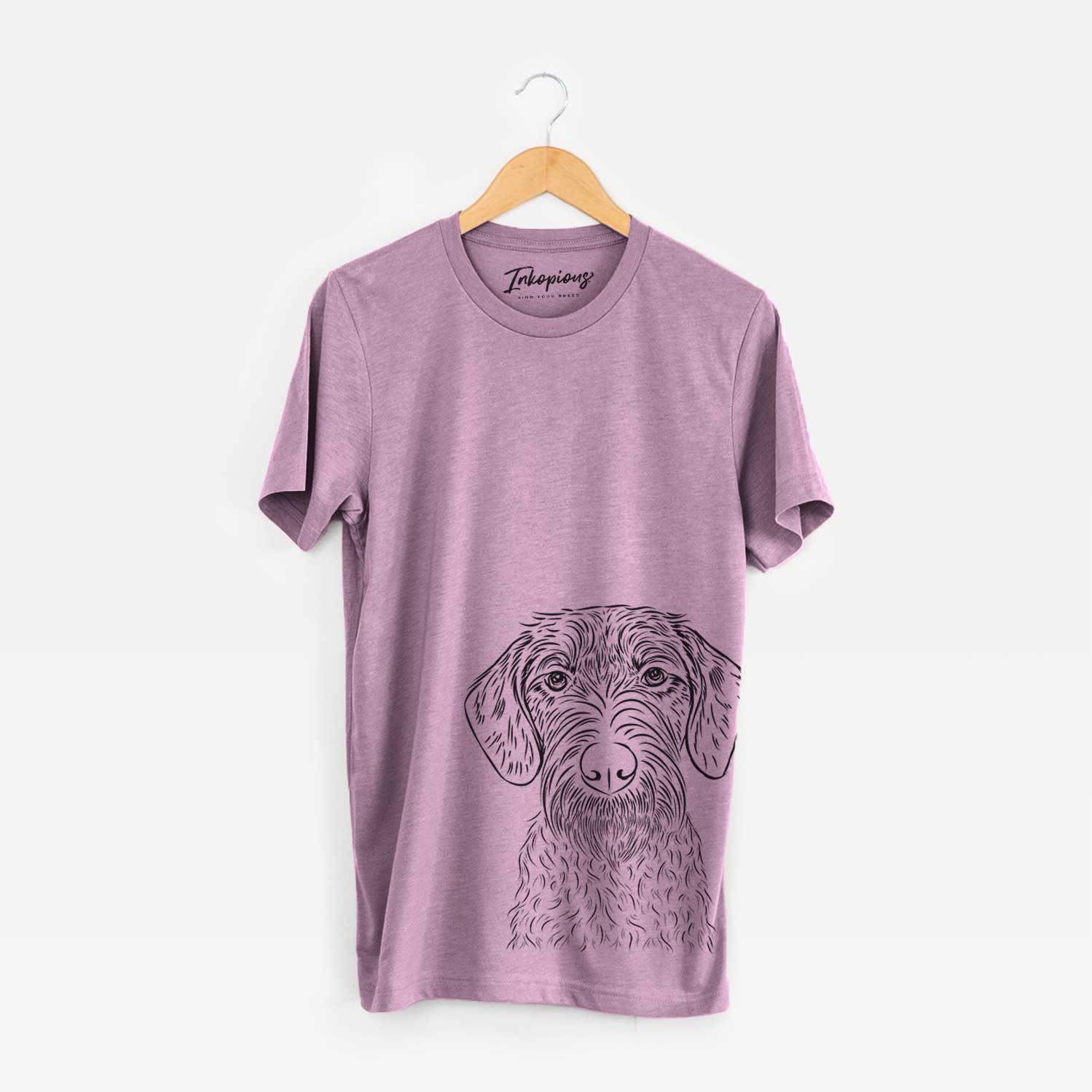 Hand-drawn sketch of Gus the German Wirehaired Pointer on an Orchid Bella Canvas Unisex Crewneck