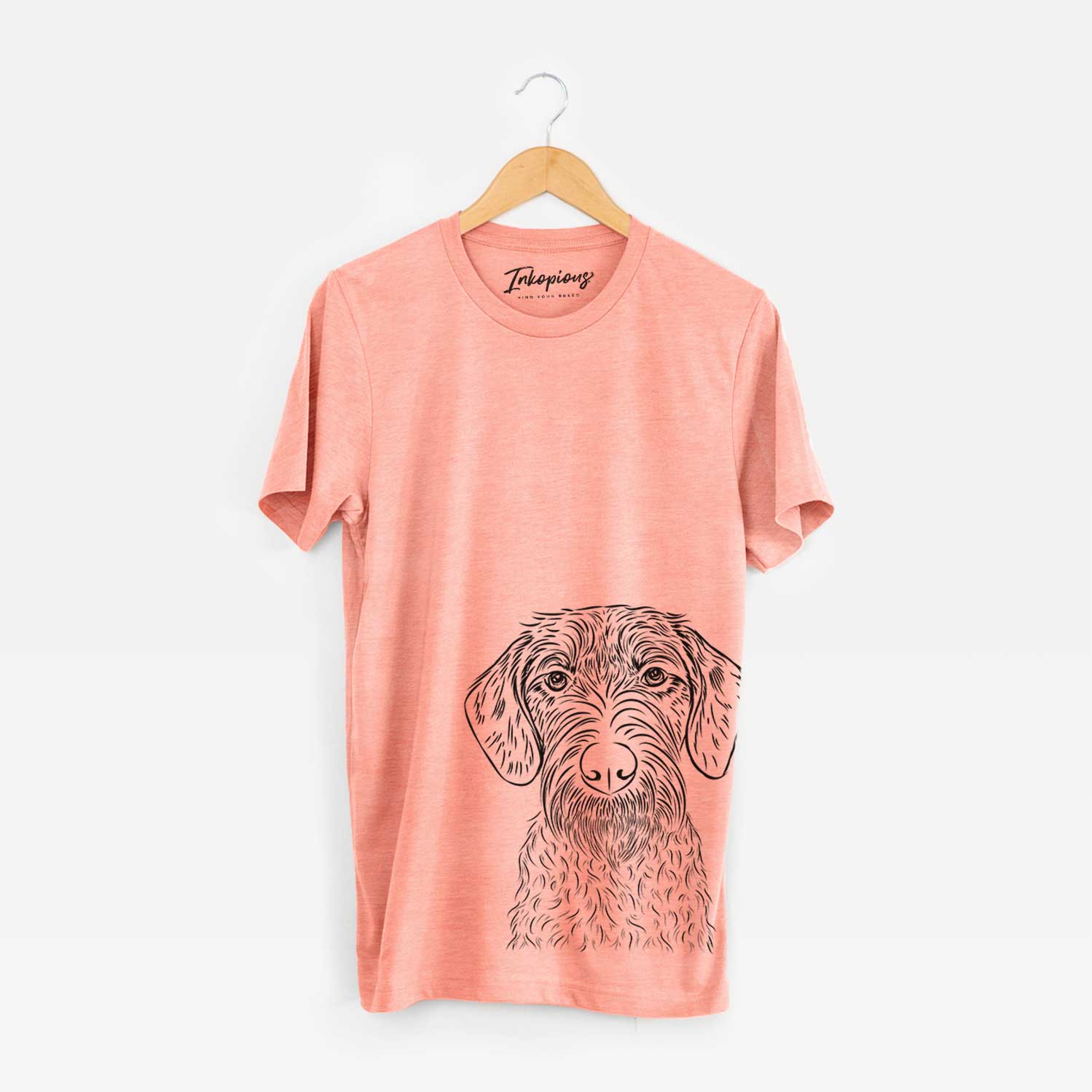 Hand-drawn sketch of Gus the German Wirehaired Pointer on a Sunset Bella Canvas Unisex Crewneck