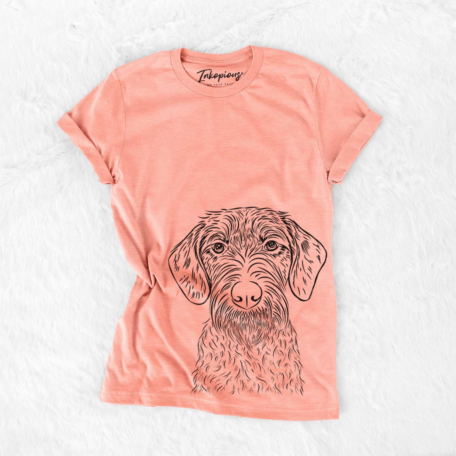 Hand-drawn sketch of Gus the German Wirehaired Pointer on a Sunset Bella Canvas Unisex Crewneck