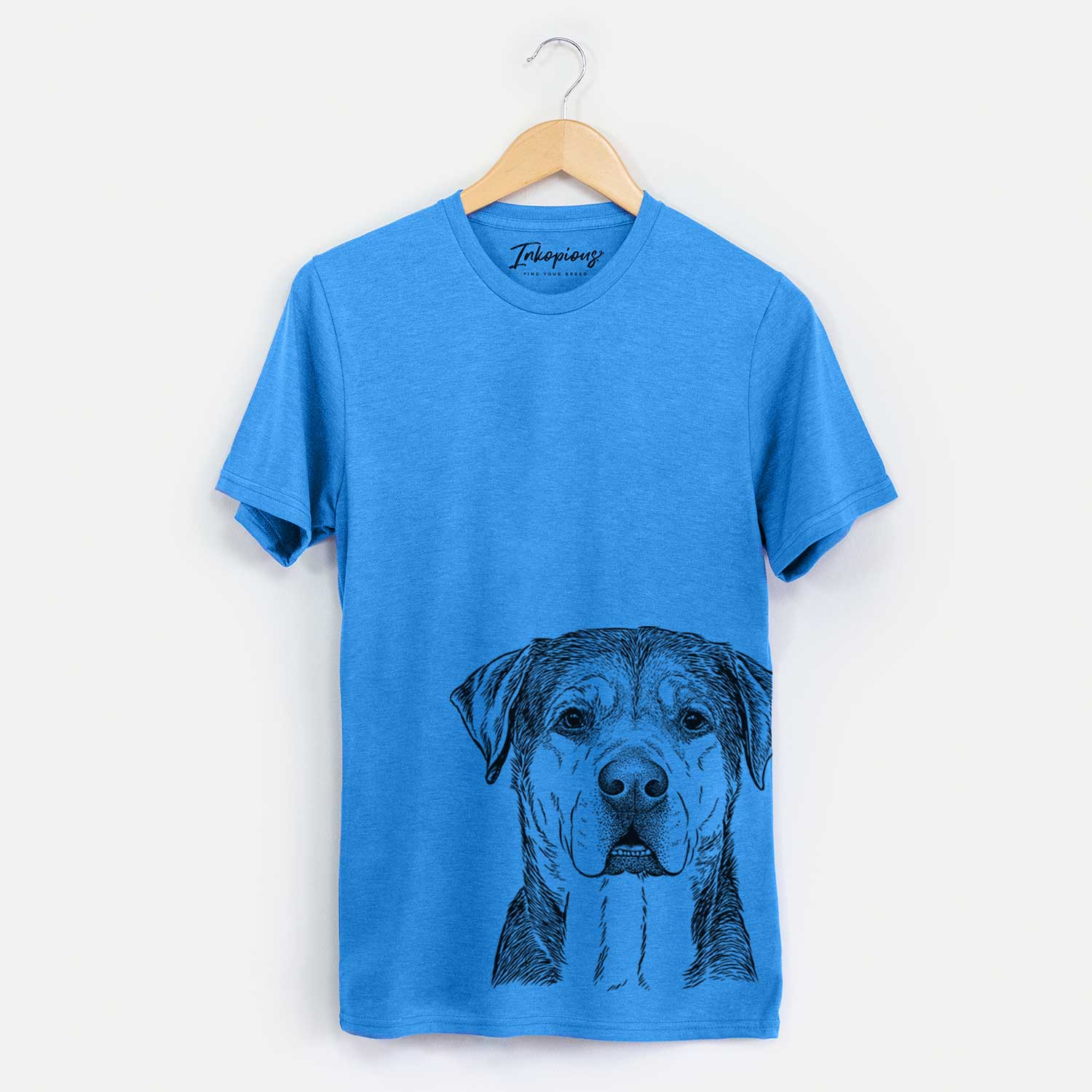 Hand-drawn sketch of Gus the Rottweiler Mix on a Blue Unisex crewneck