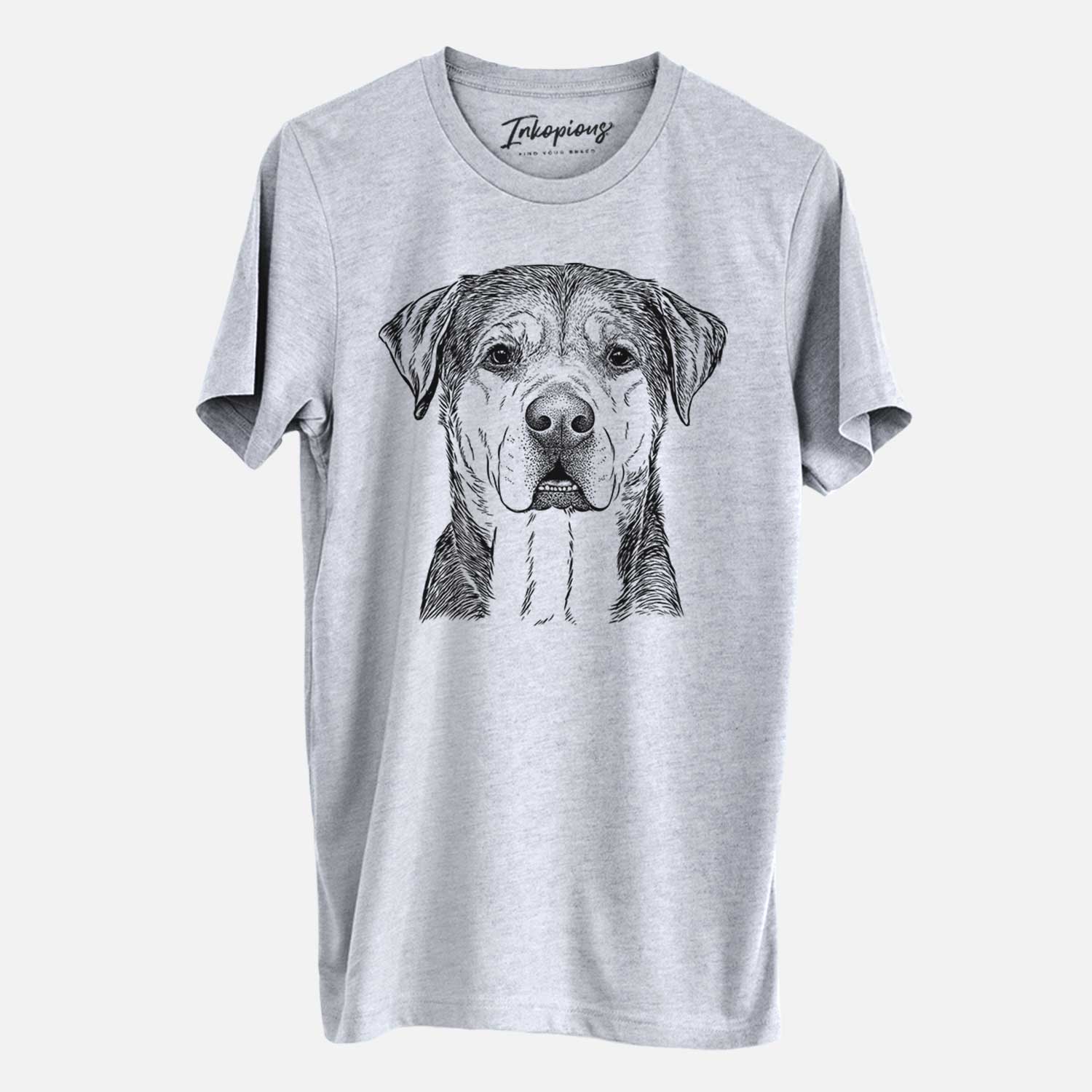 Hand-drawn sketch of Gus the Rottweiler Mix on a Grey Unisex crewneck