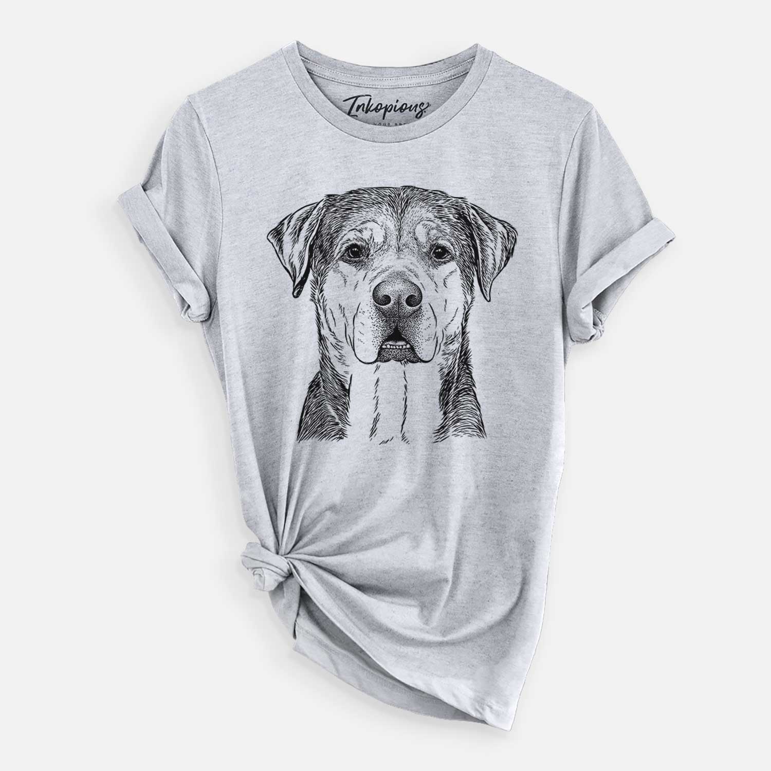Hand-drawn sketch of Gus the Rottweiler Mix on a Grey Unisex crewneck