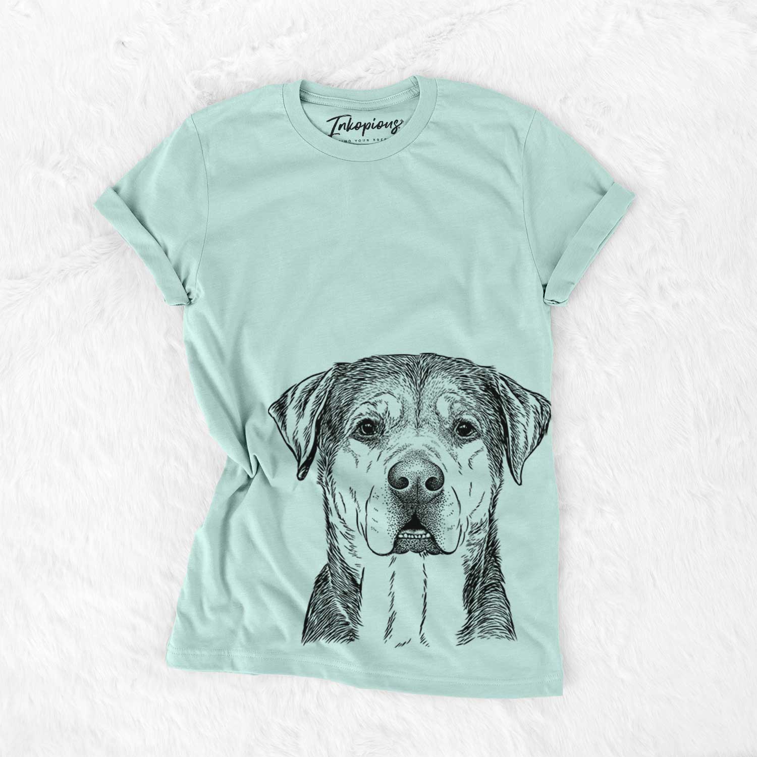 Hand-drawn sketch of Gus the Rottweiler Mix on a Heather Sage Unisex crewneck