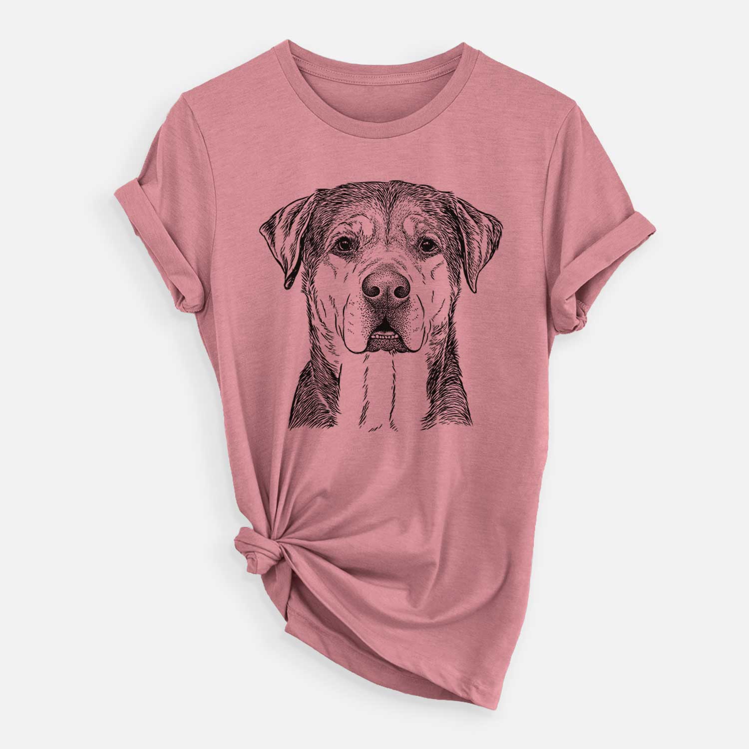 Hand-drawn sketch of Gus the Rottweiler Mix on a Mauve Unisex crewneck