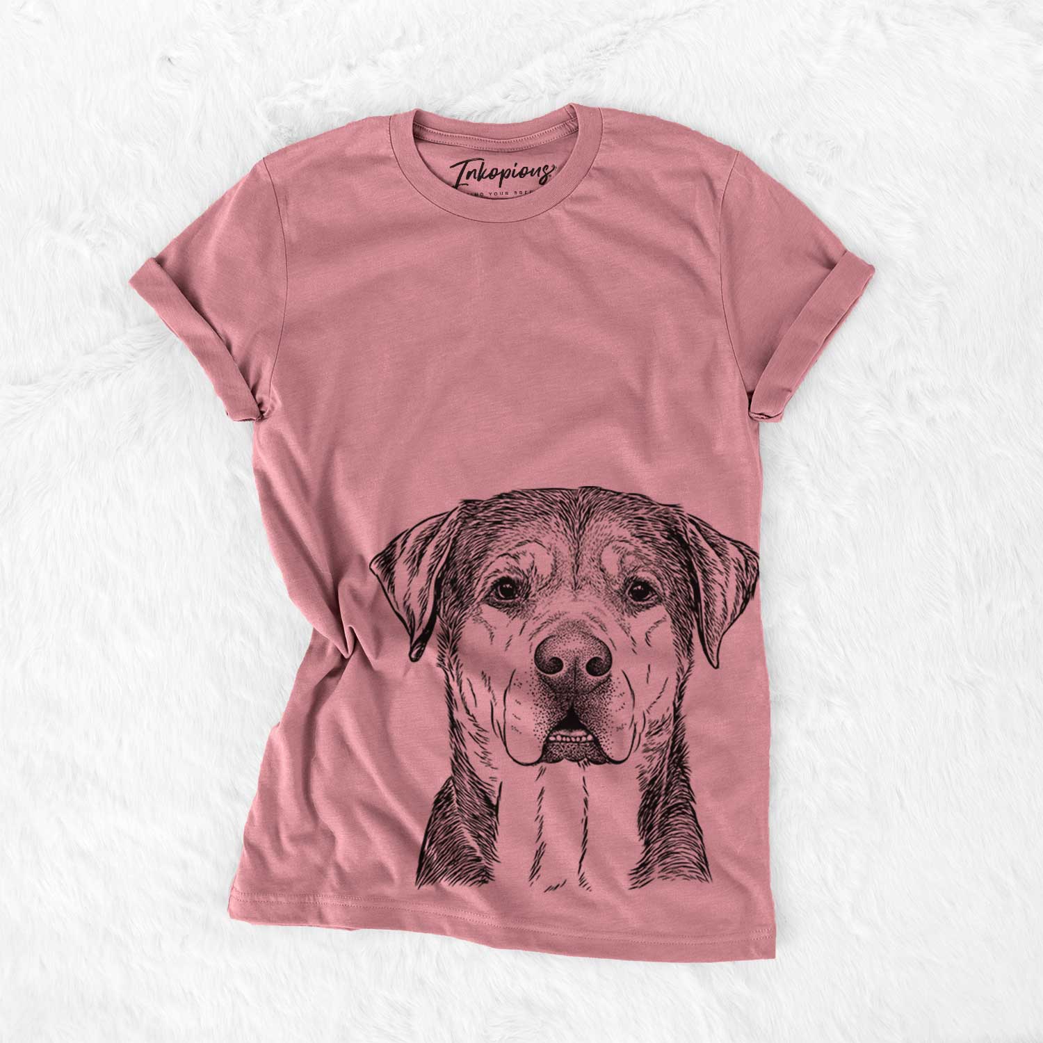 Hand-drawn sketch of Gus the Rottweiler Mix on a Mauve Unisex crewneck