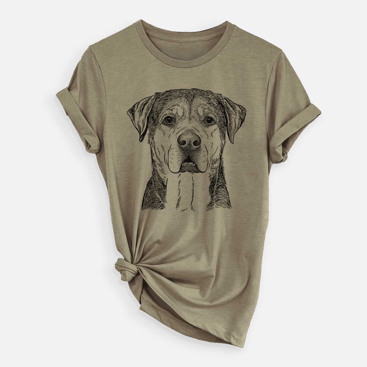 Hand-drawn sketch of Gus the Rottweiler Mix on an Olive Unisex crewneck