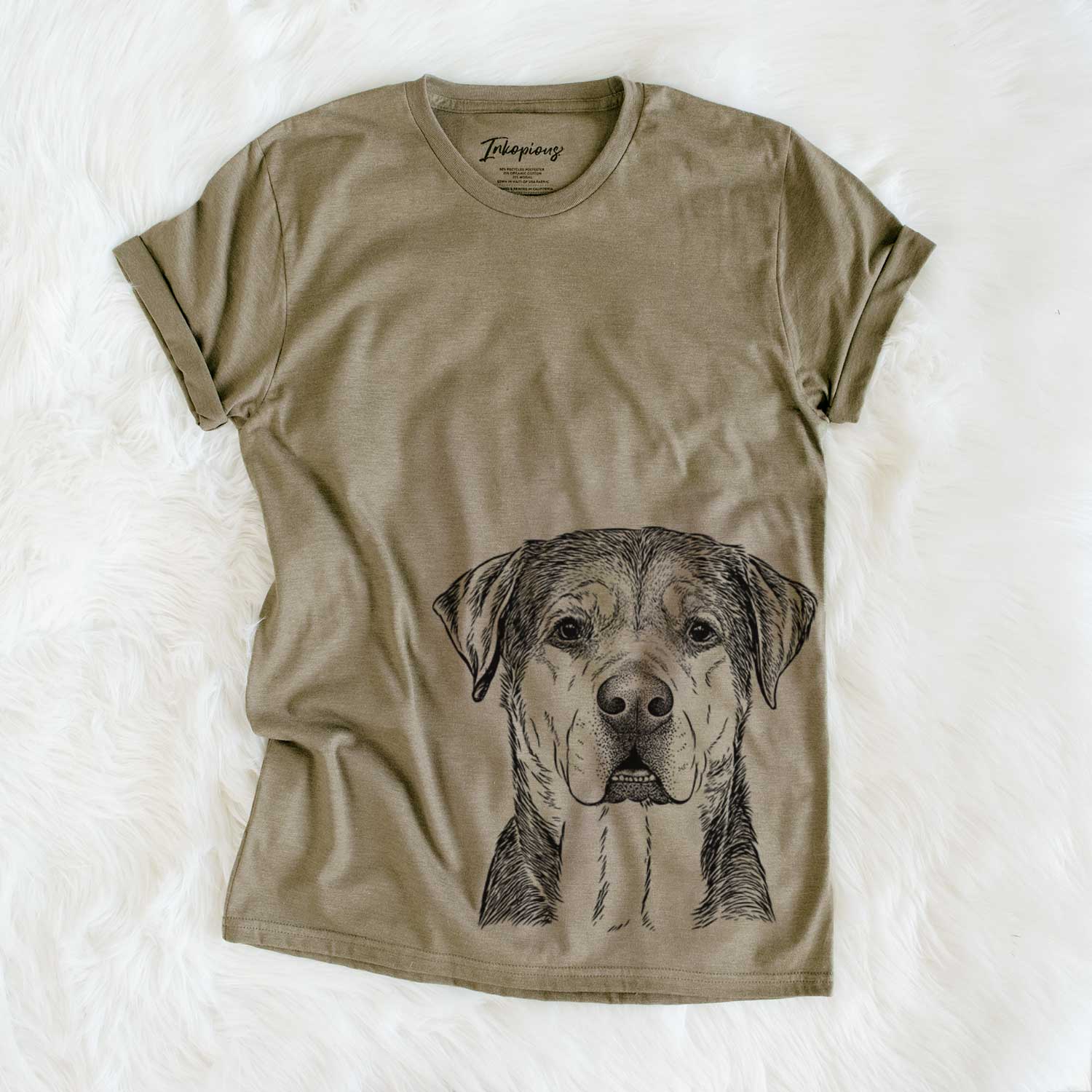 Hand-drawn sketch of Gus the Rottweiler Mix on an Olive Unisex crewneck