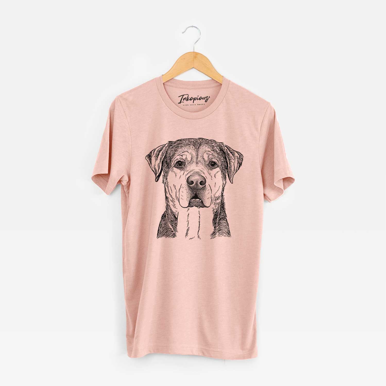 Hand-drawn sketch of Gus the Rottweiler Mix on a Peach Unisex crewneck