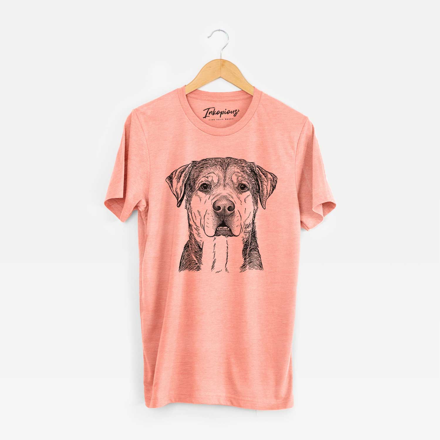 Hand-drawn sketch of Gus the Rottweiler Mix on a Sunset Unisex crewneck