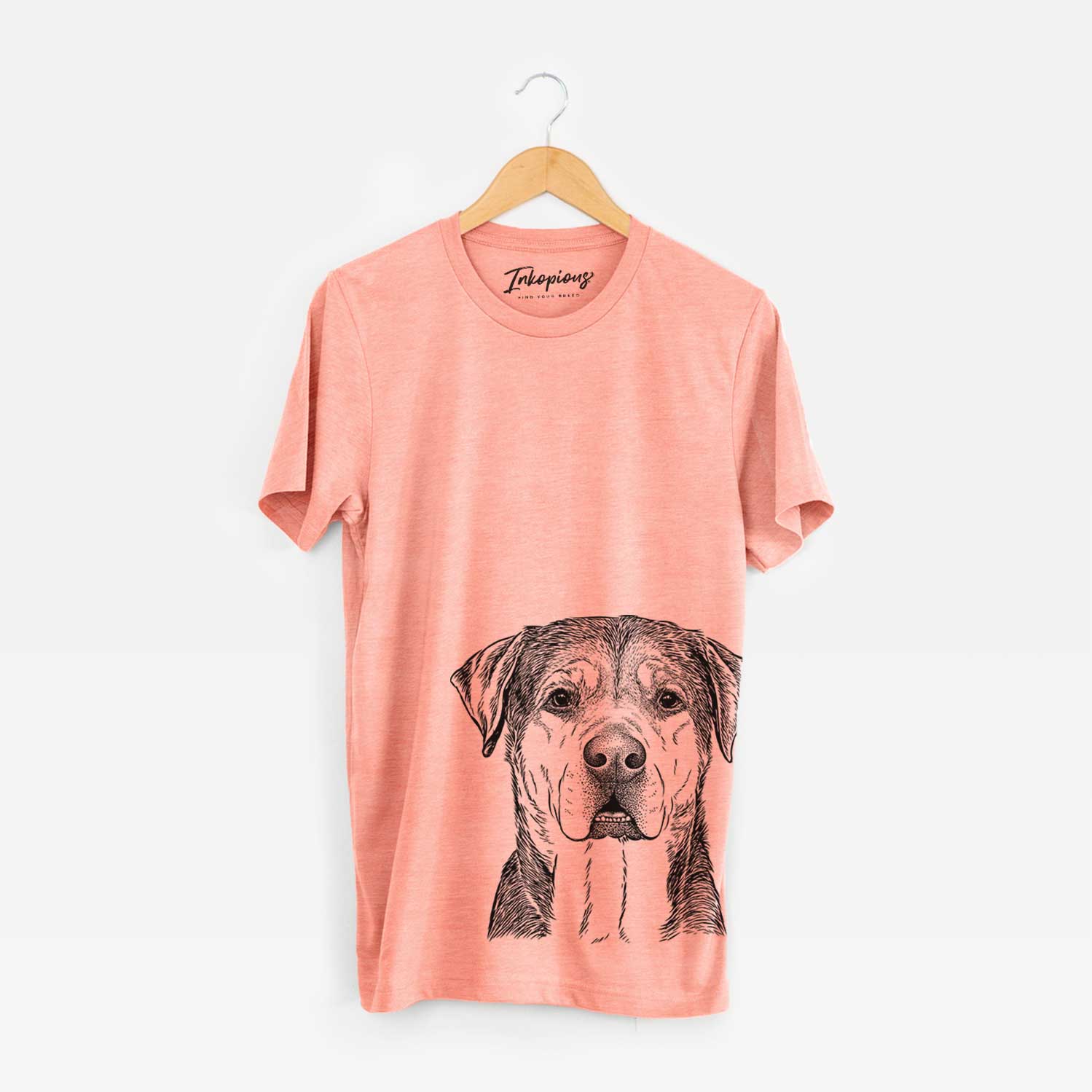 Hand-drawn sketch of Gus the Rottweiler Mix on a Sunset Unisex crewneck