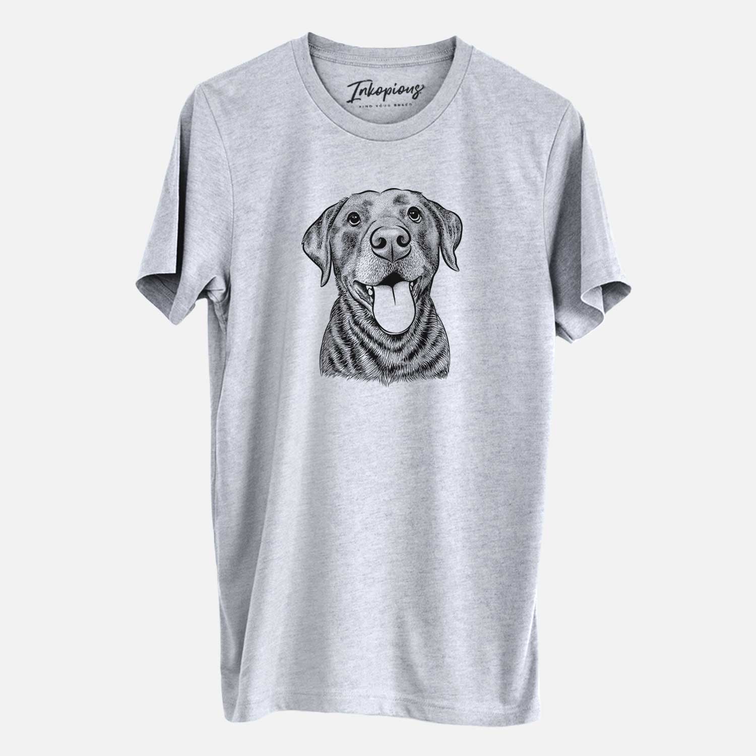 Hand-drawn sketch of Gwen the Labrador Retriever on a Grey Unisex crewneck