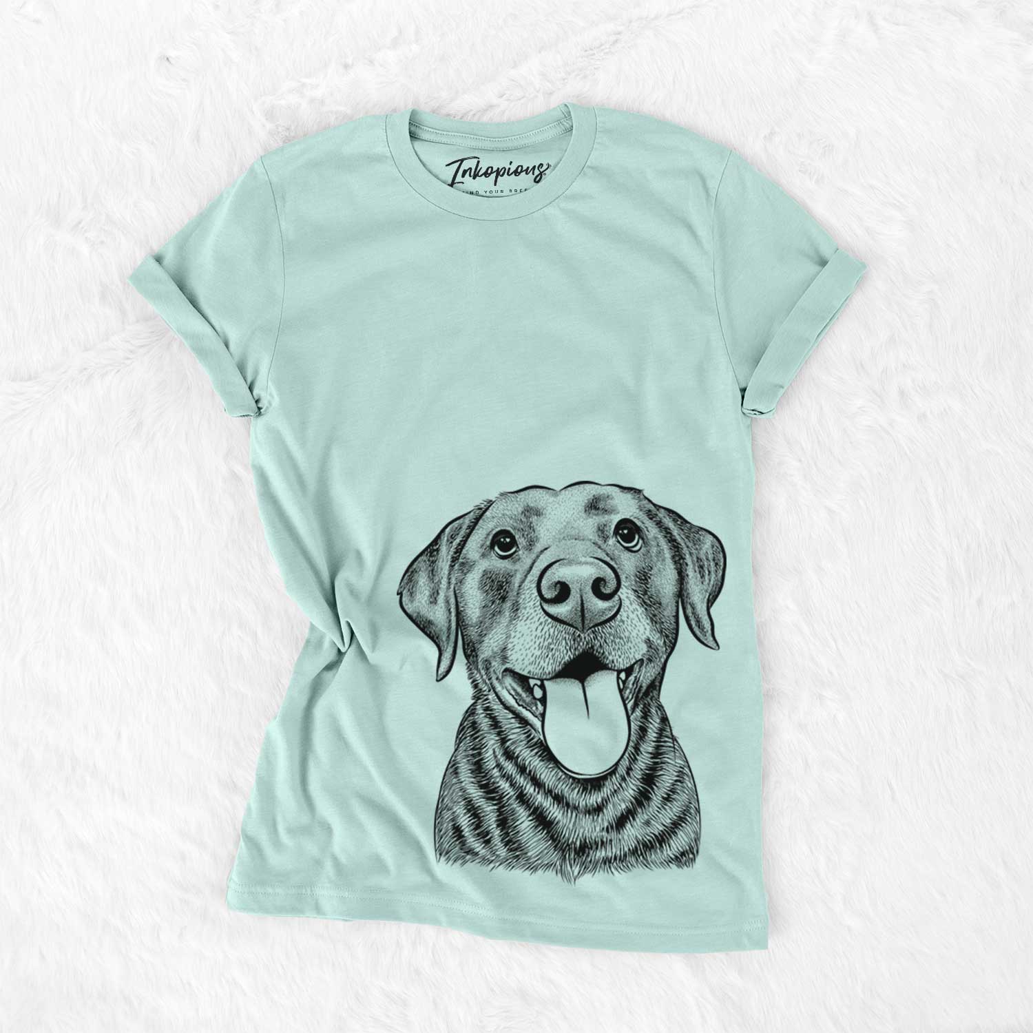 Hand-drawn sketch of Gwen the Labrador Retriever on a Heather Sage Unisex crewneck
