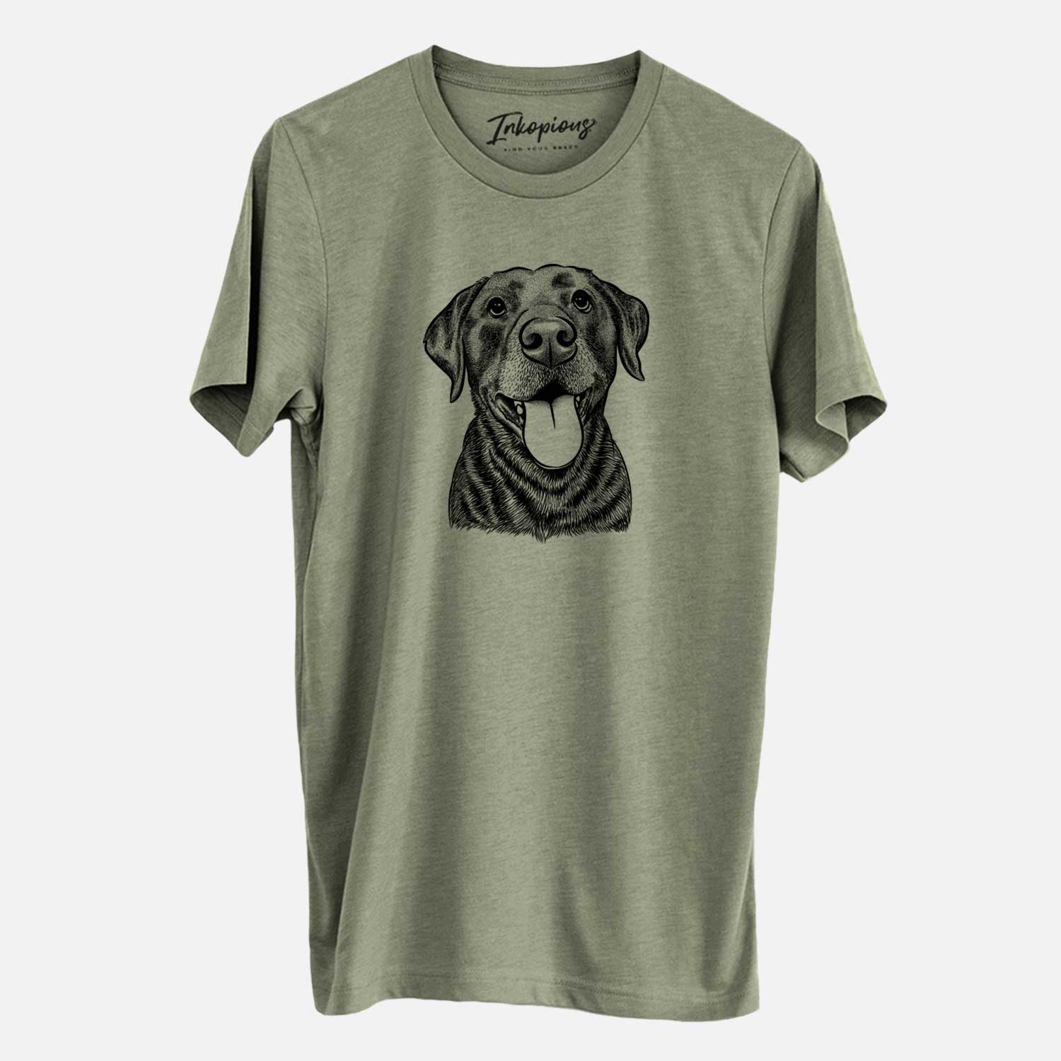 Hand-drawn sketch of Gwen the Labrador Retriever on an Olive Unisex crewneck