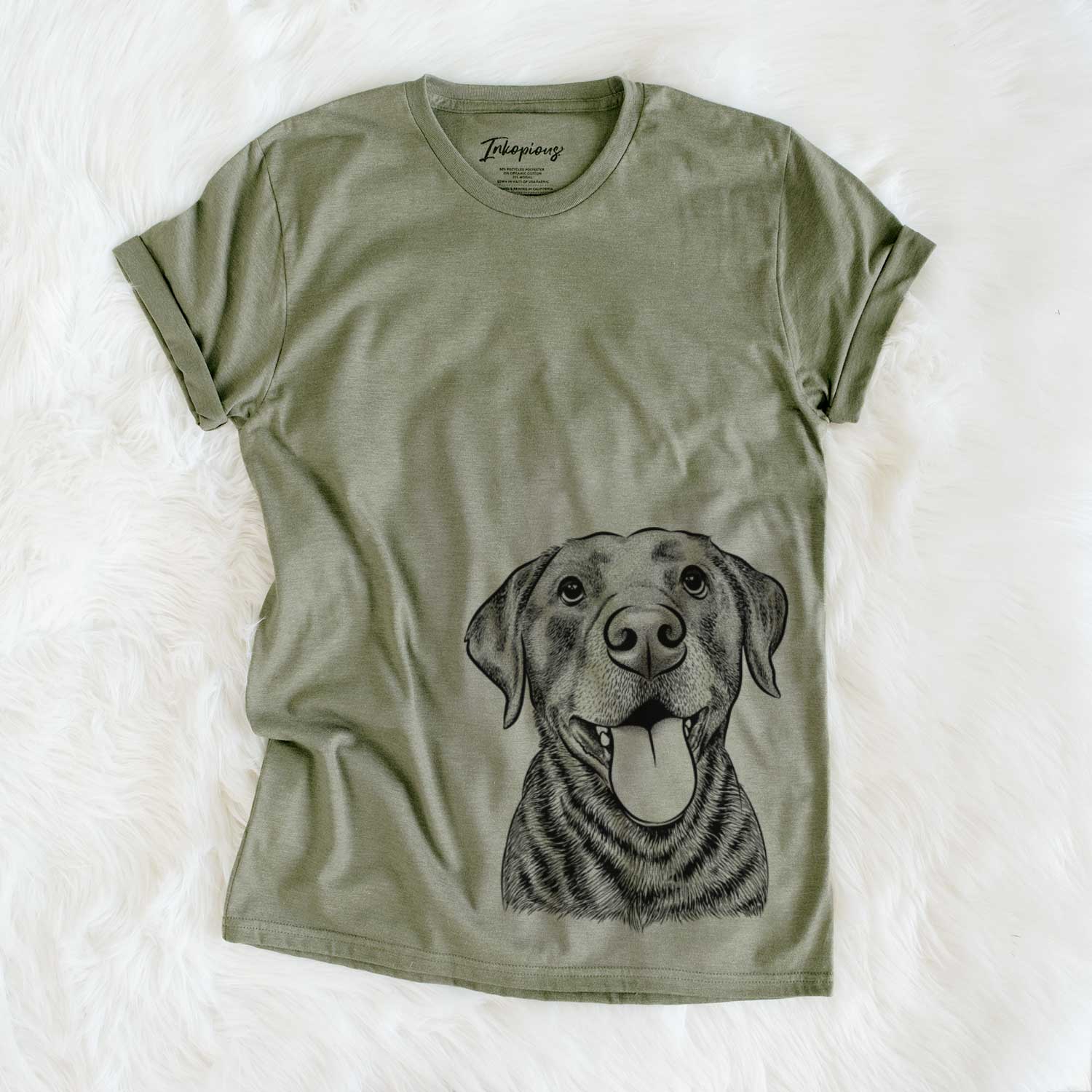 Hand-drawn sketch of Gwen the Labrador Retriever on an Olive Unisex crewneck