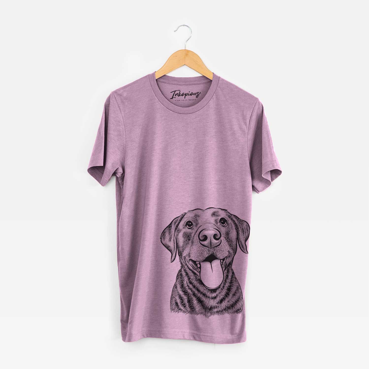 Hand-drawn sketch of Gwen the Labrador Retriever on an Orchid Unisex crewneck