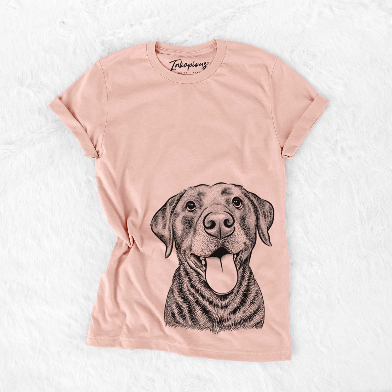 Hand-drawn sketch of Gwen the Labrador Retriever on a Peach Bella Canvas Unisex Crewneck