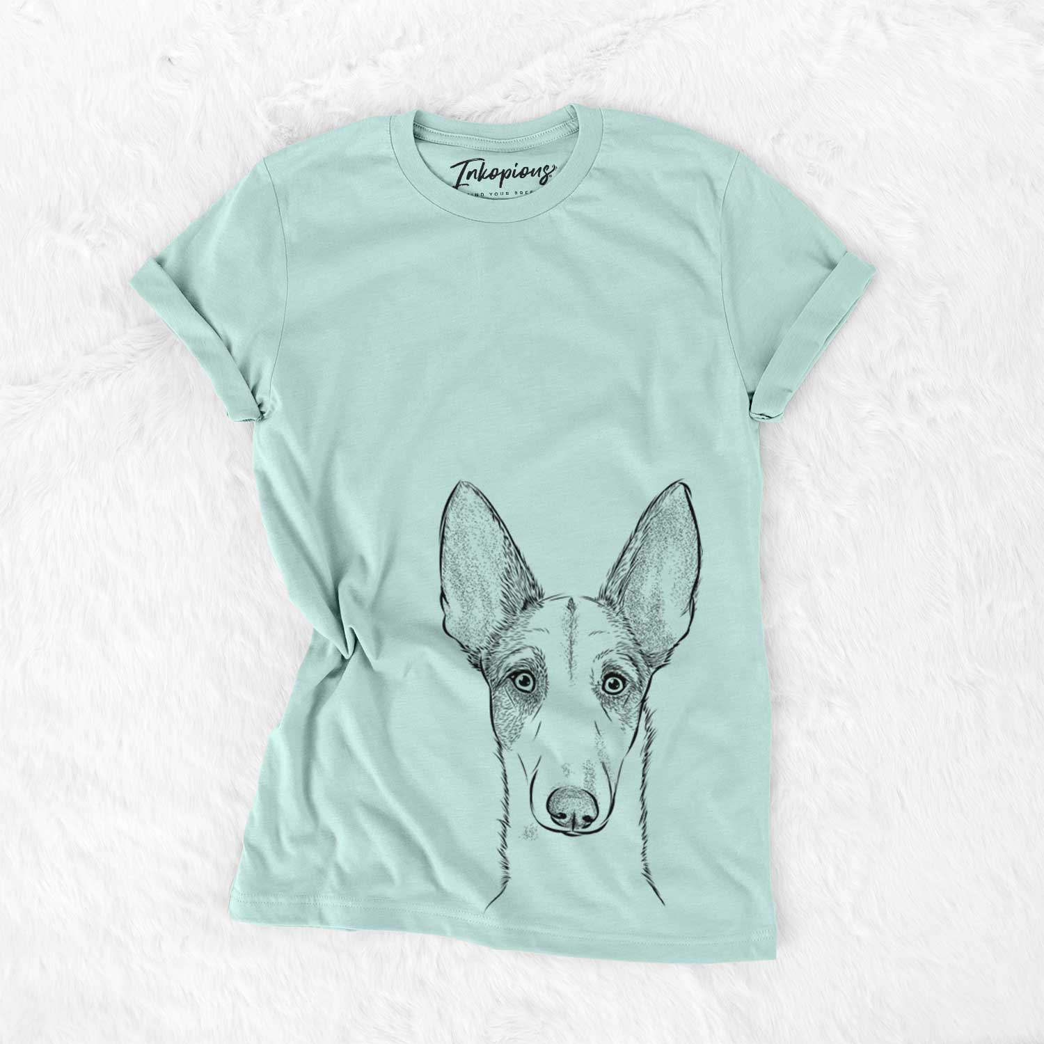 Hand-drawn sketch of Halo the Ibizan Sight Hound on a Heather Sage Unisex crewneck