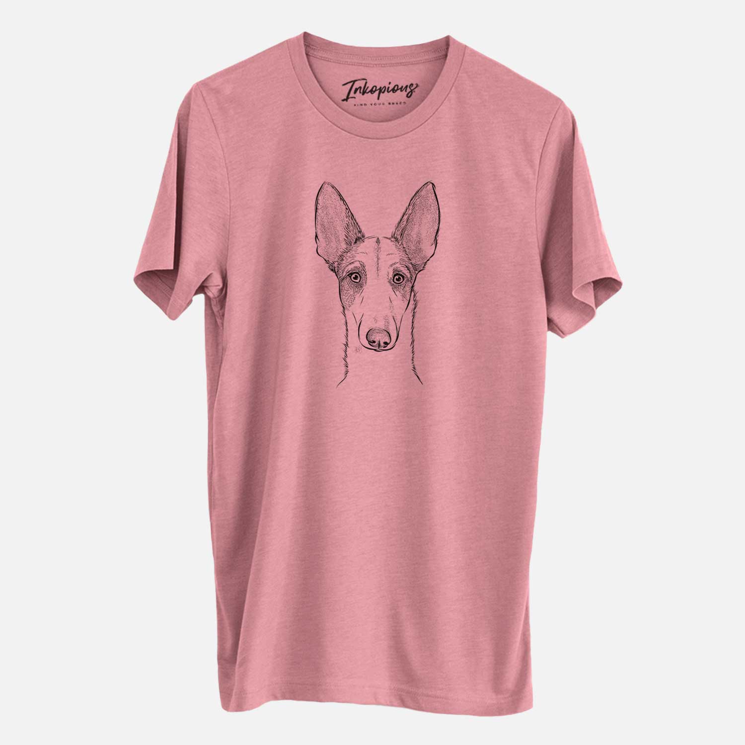 Hand-drawn sketch of Halo the Ibizan Sight Hound on a Mauve Unisex crewneck