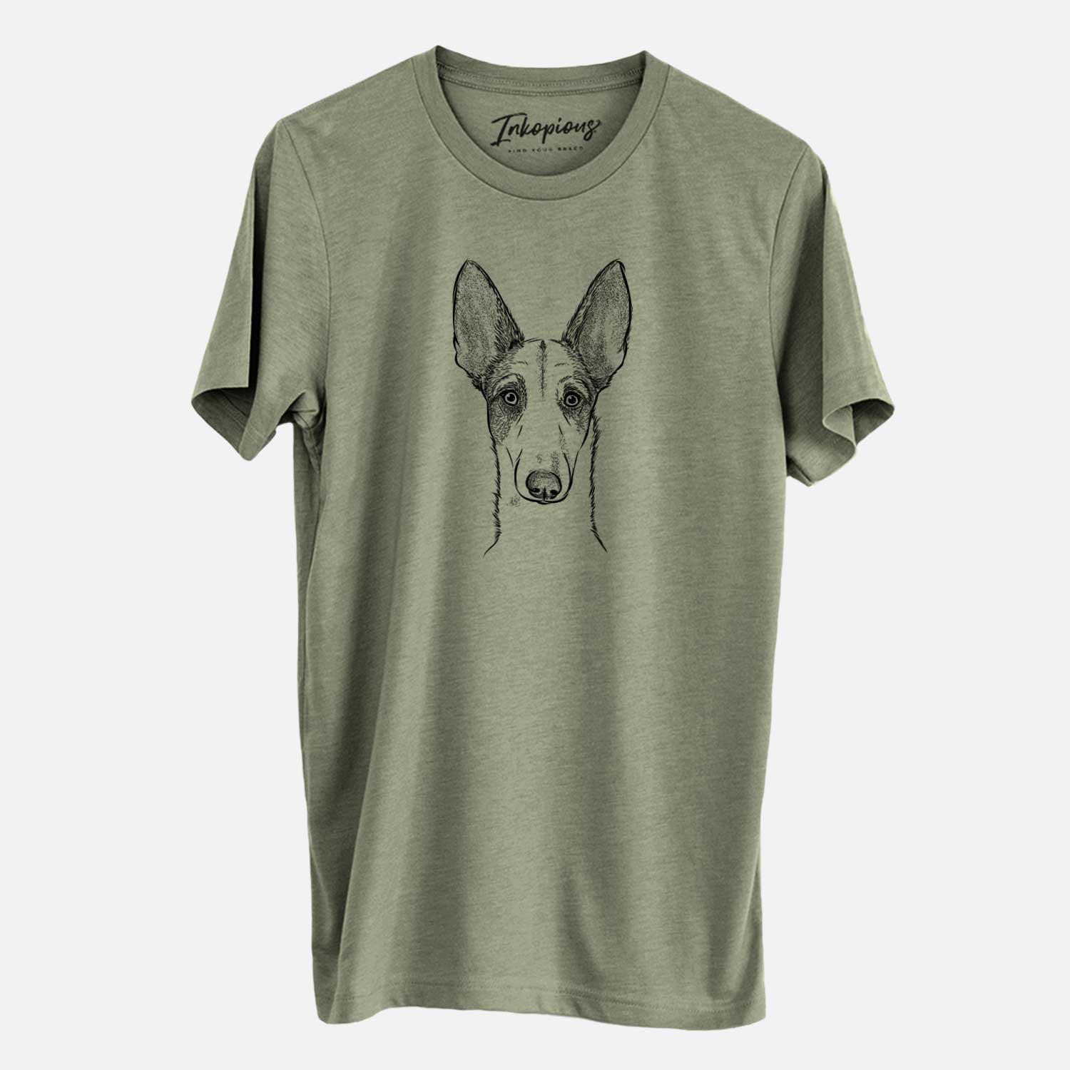 Hand-drawn sketch of Halo the Ibizan Sight Hound on an Olive Unisex crewneck