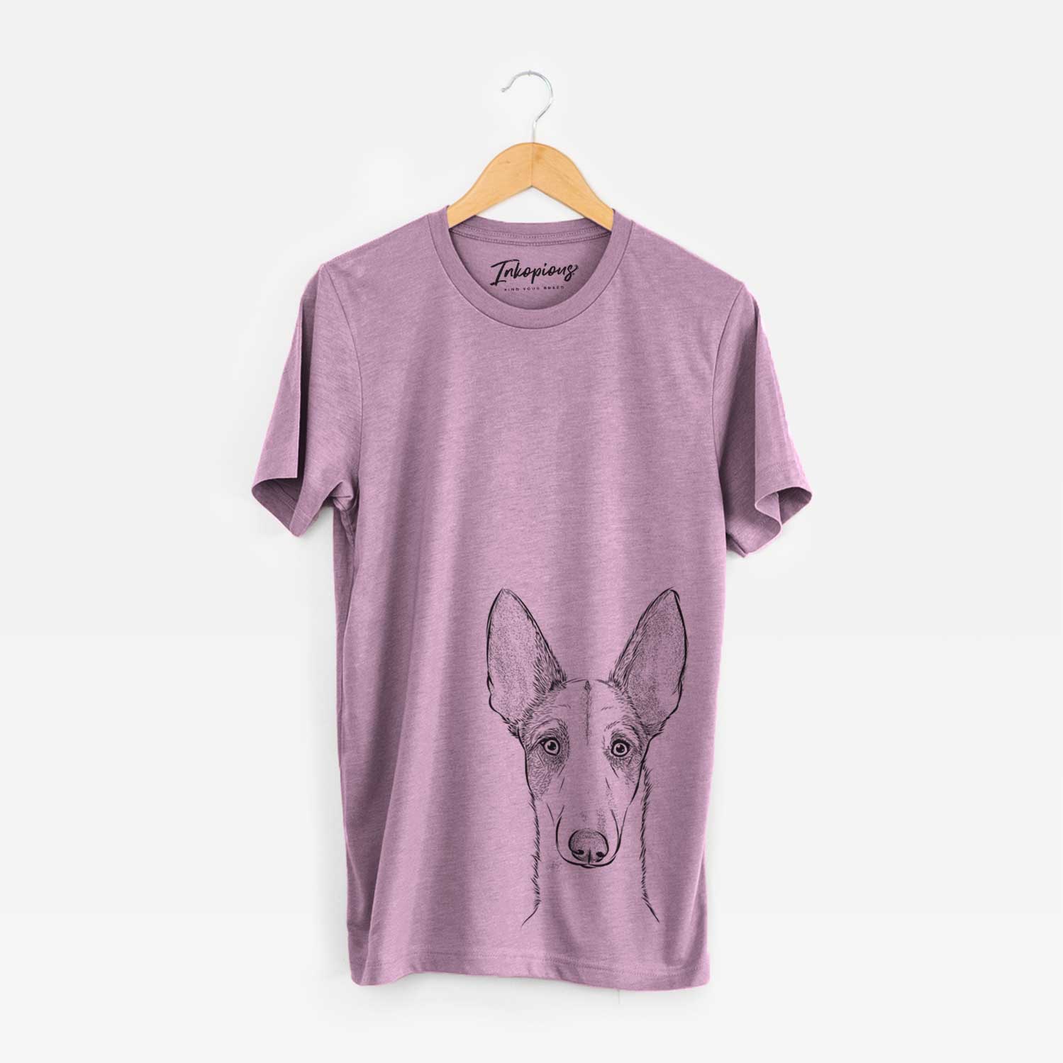 Hand-drawn sketch of Halo the Ibizan Sight Hound on an Orchid Unisex crewneck
