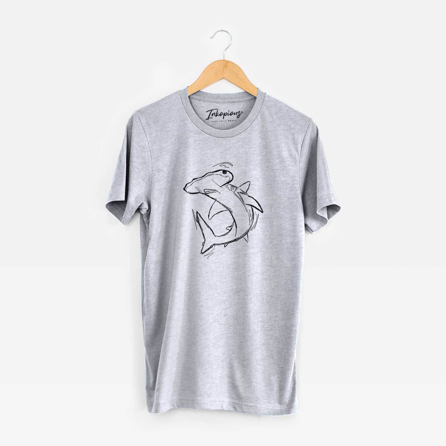 Hand-drawn sketch of Hank the Hammerhead Shark on a Grey Bella Canvas Unisex Crewneck