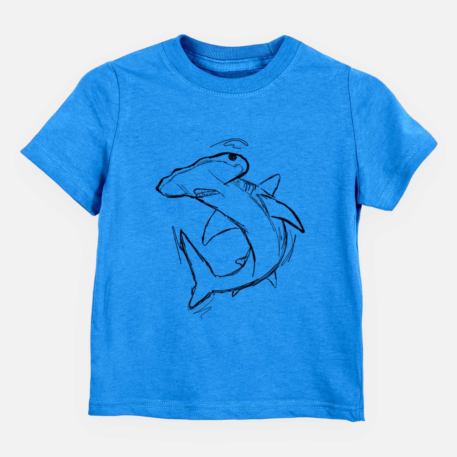 Hand-drawn sketch of Hank the Hammerhead Shark on a Blue kids' shirt