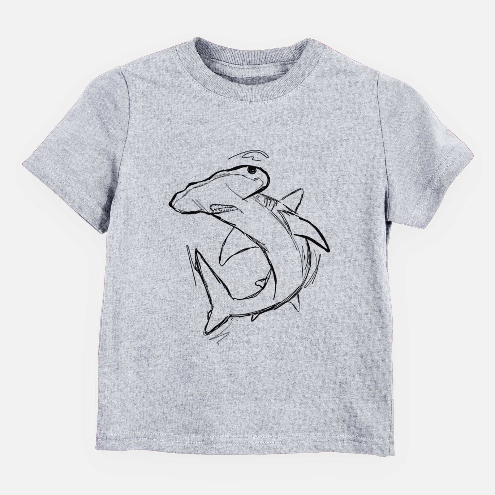 Hand-drawn sketch of Hank the Hammerhead Shark on a Grey kids' shirt
