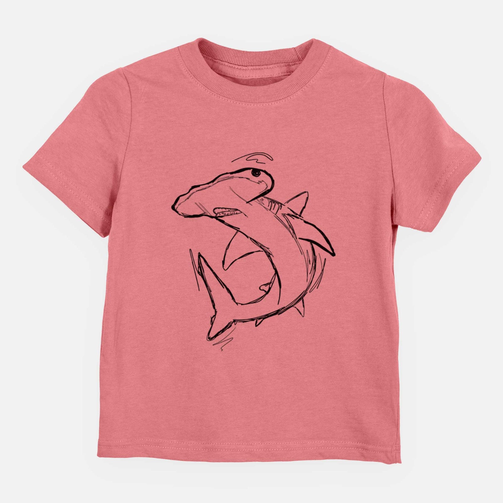 Hand-drawn sketch of Hank the Hammerhead Shark on a Mauve kids' shirt