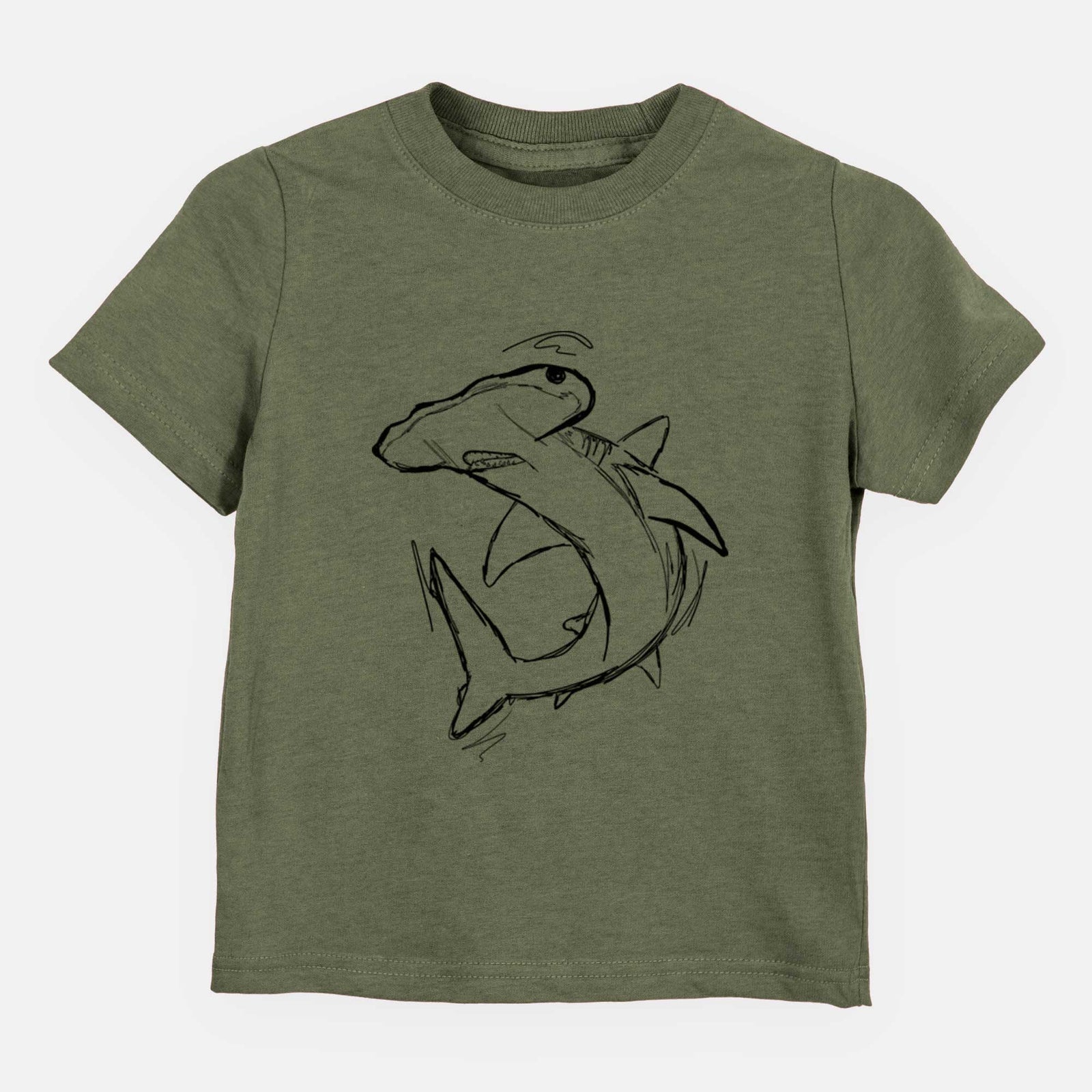 Hand-drawn sketch of Hank the Hammerhead Shark on an Olive kids' shirt