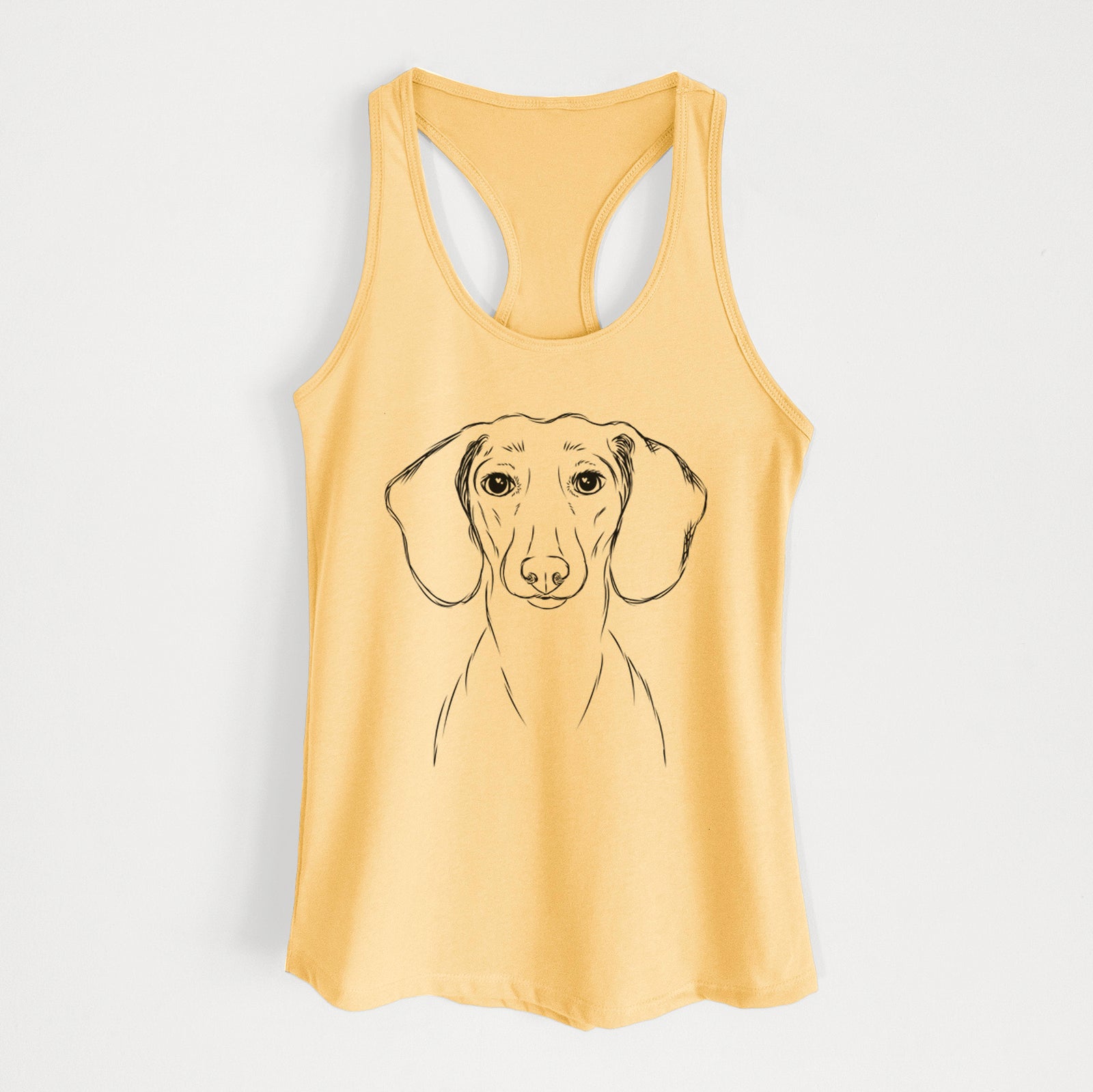 Hand-drawn sketch of Hans the Dachshund on a Banana Cream Women's racerback tanktop