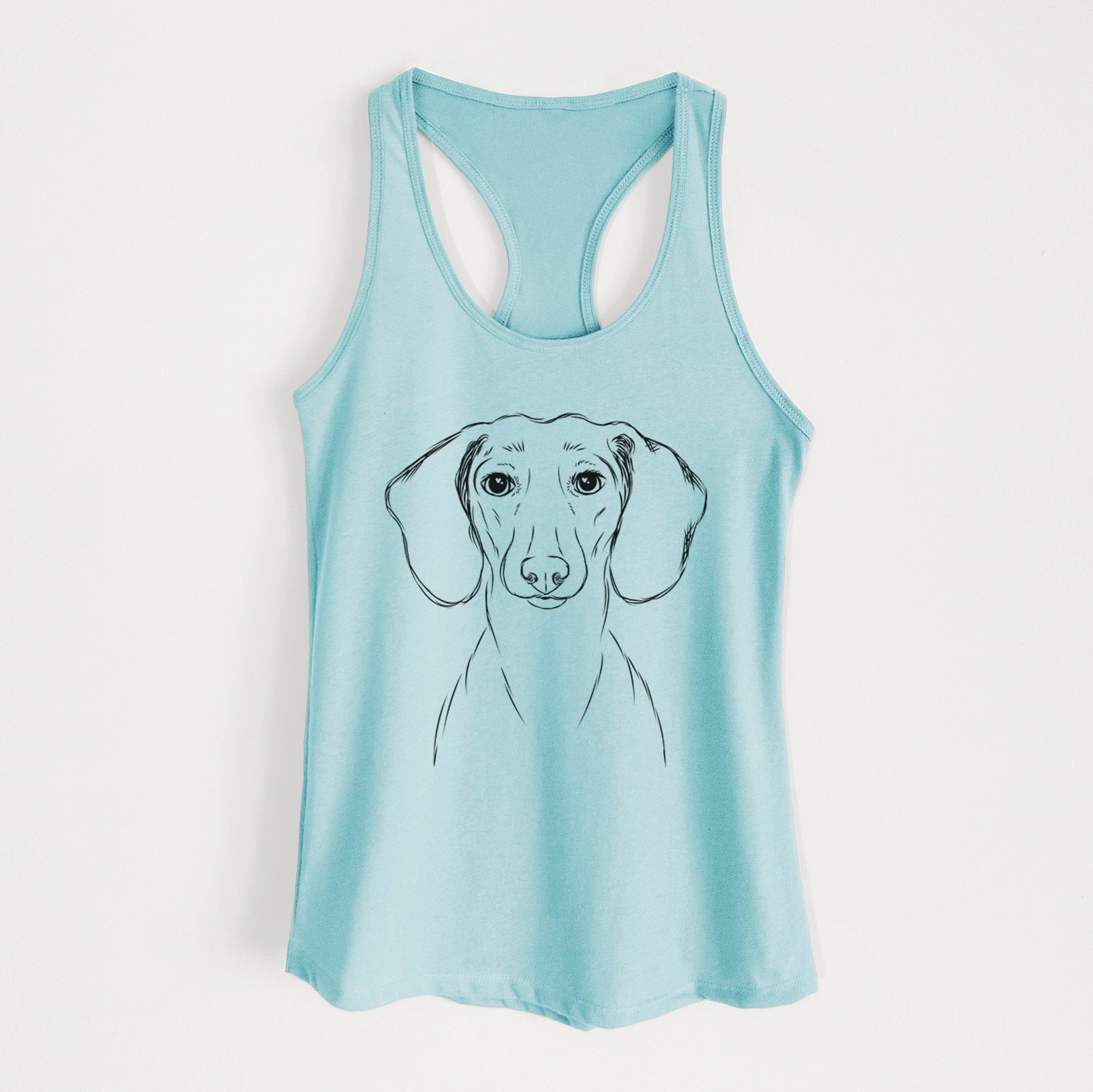 Hand-drawn sketch of Hans the Dachshund on a Cancun Blue Women's racerback tanktop