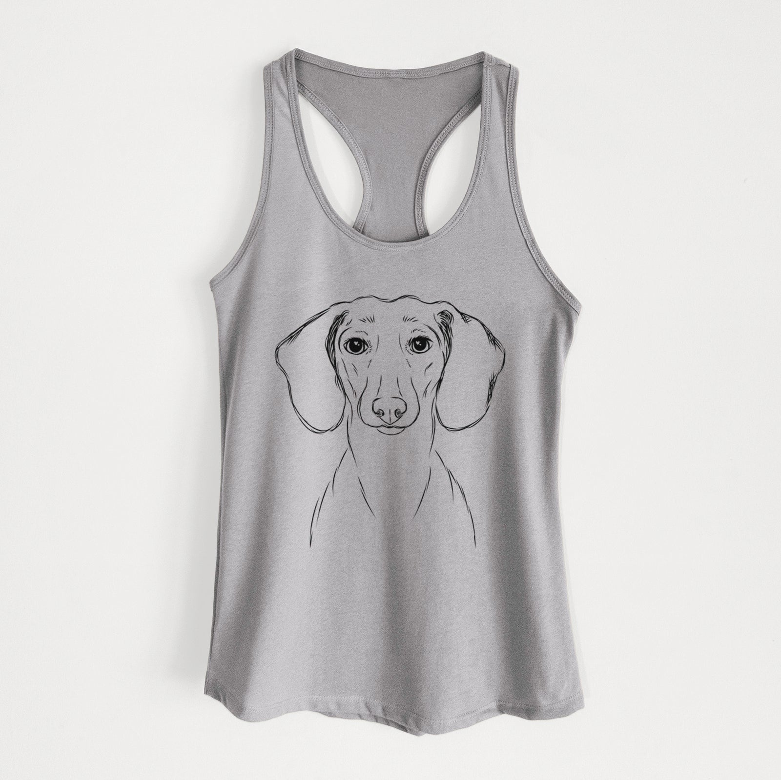 Hand-drawn sketch of Hans the Dachshund on a Heather Grey Women's racerback tanktop