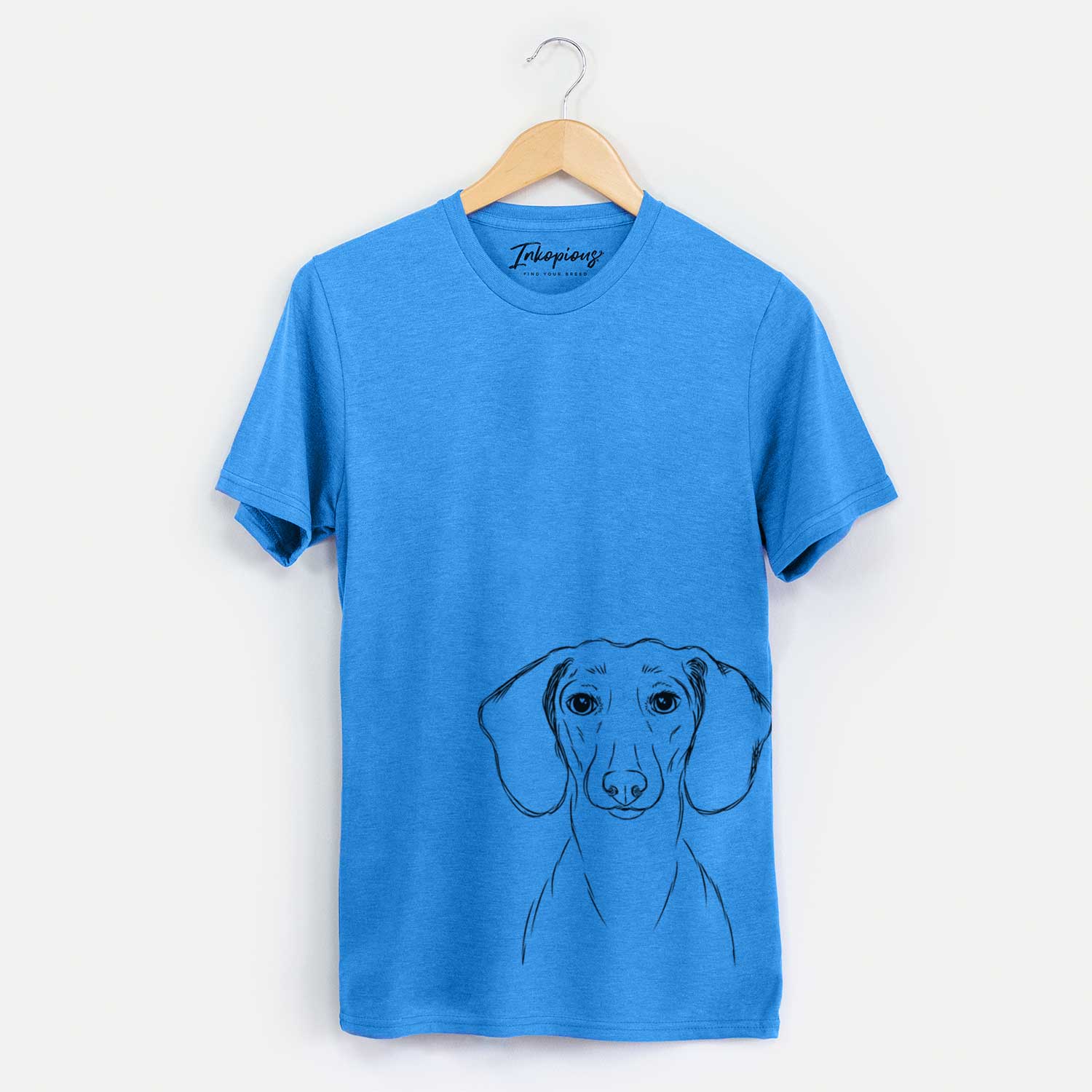 Hand-drawn sketch of Hans the Dachshund on a Blue Unisex crewneck