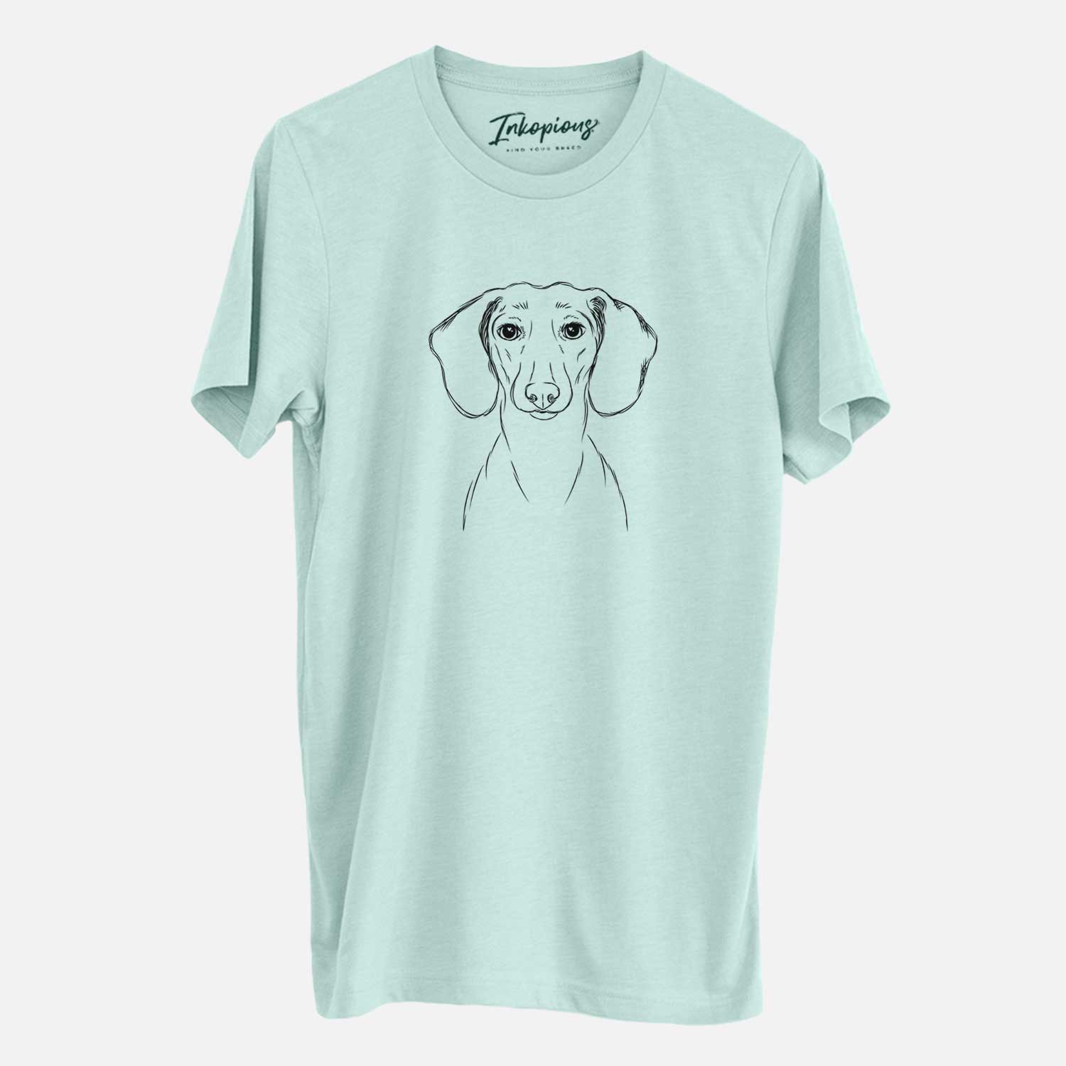 Hand-drawn sketch of Hans the Dachshund on a Heather Sage Unisex crewneck