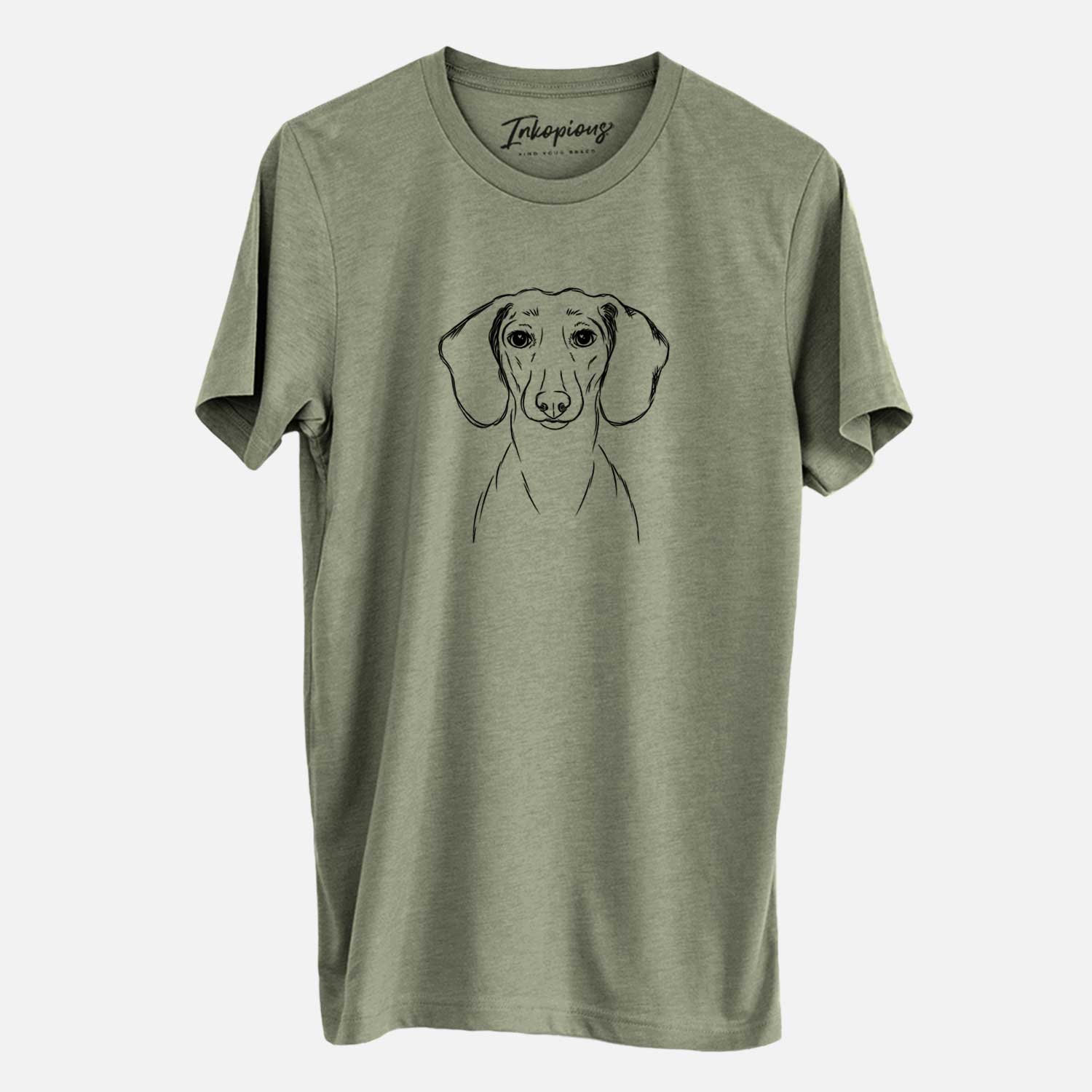Hand-drawn sketch of Hans the Dachshund on an Olive Unisex crewneck
