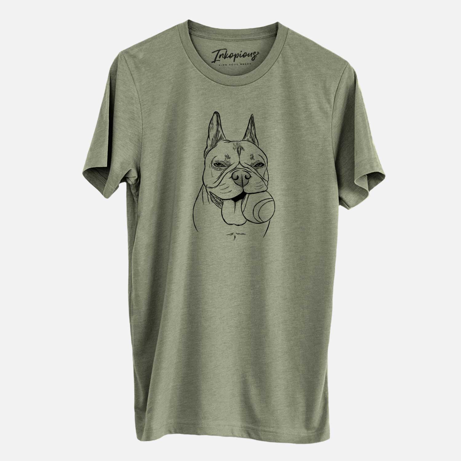 Hand-drawn sketch of Happy Franco the French Bulldog on an Olive Unisex crewneck