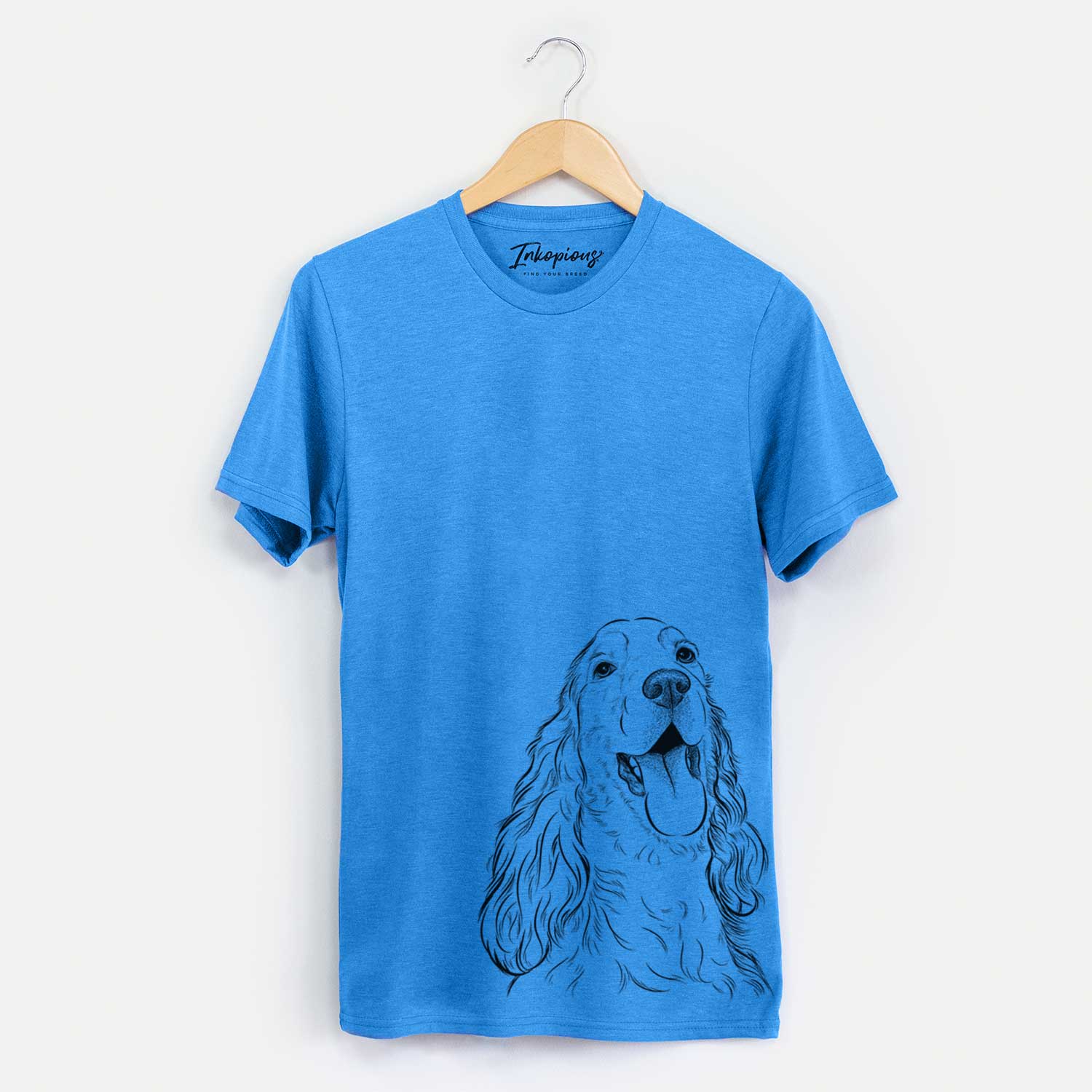 Hand-drawn sketch of Happy Henry the English Cocker Spaniel on a Blue Unisex crewneck