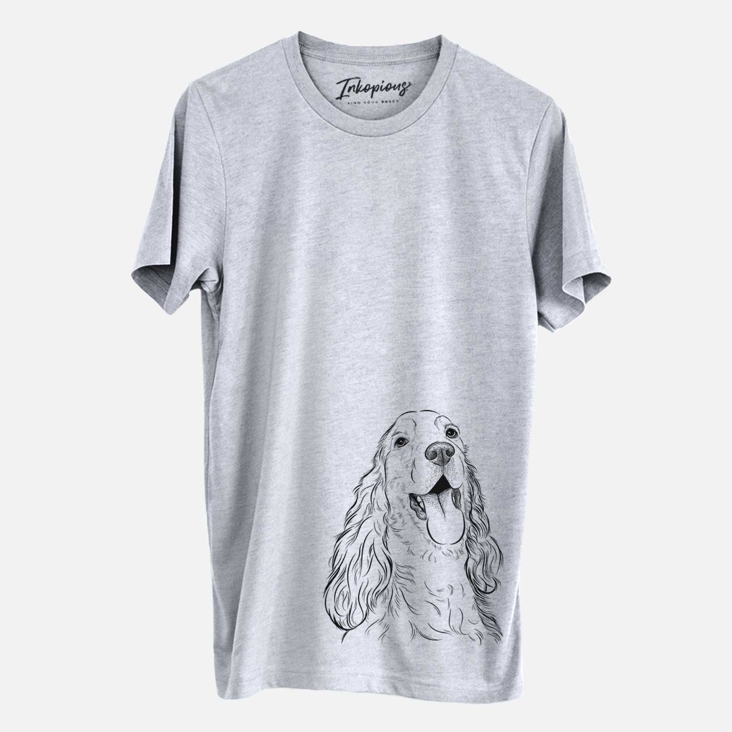 Hand-drawn sketch of Happy Henry the English Cocker Spaniel on a Grey Unisex crewneck