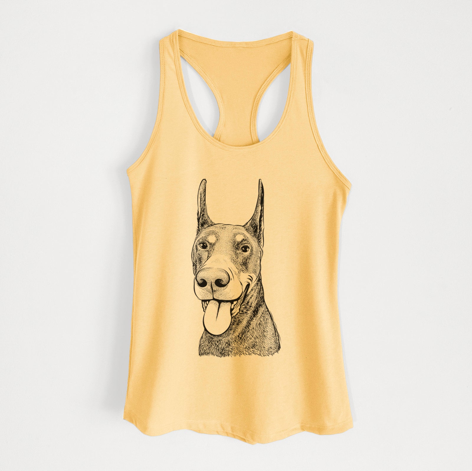 Hand-drawn sketch of Happy Sunny the Doberman Pinscher on a Banana Cream Women's racerback tanktop