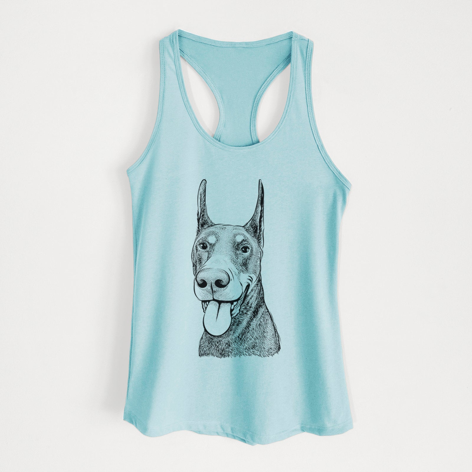 Hand-drawn sketch of Happy Sunny the Doberman Pinscher on a Cancun Blue Women's racerback tanktop