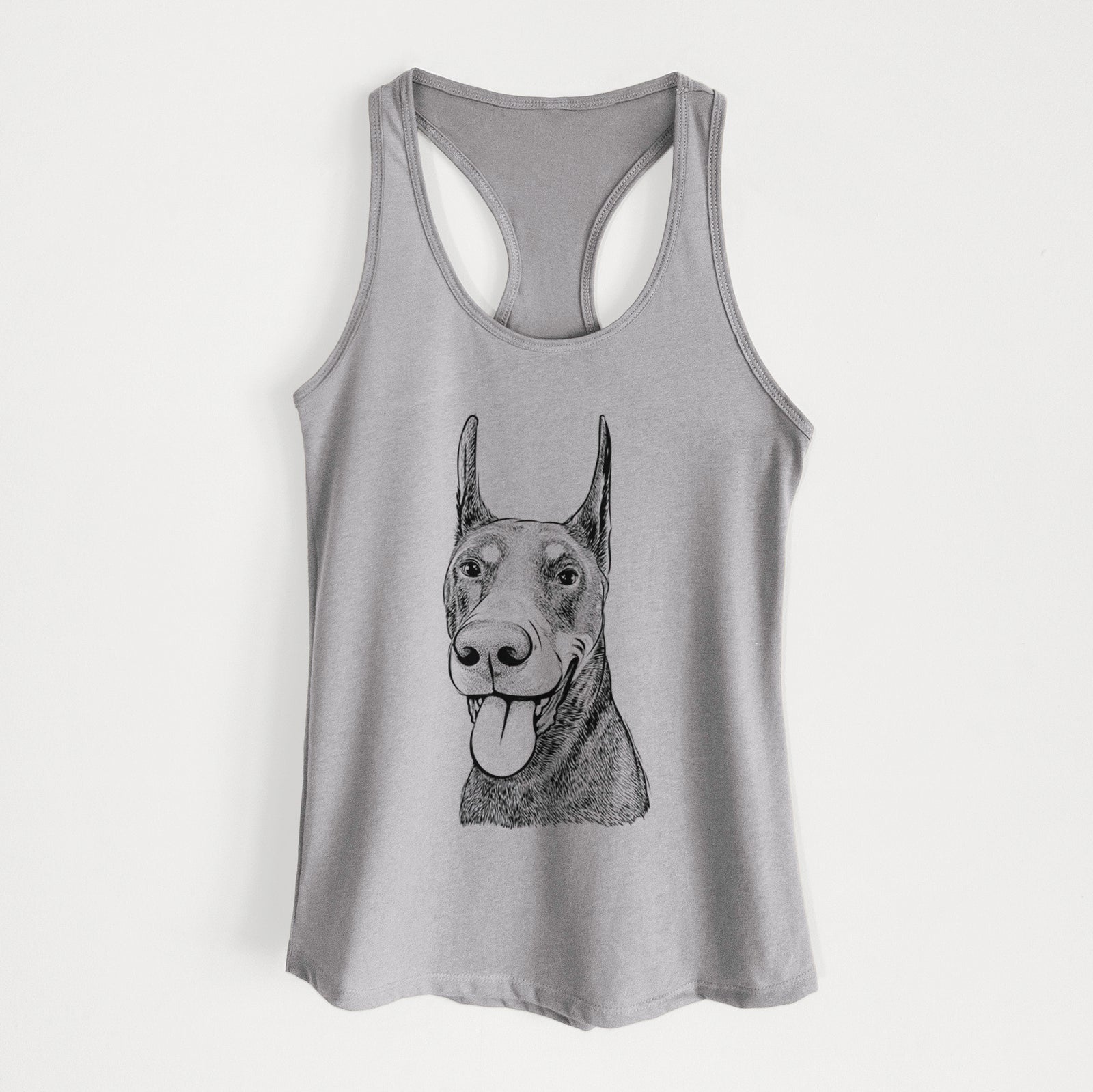 Hand-drawn sketch of Happy Sunny the Doberman Pinscher on a Heather Grey Women's racerback tanktop