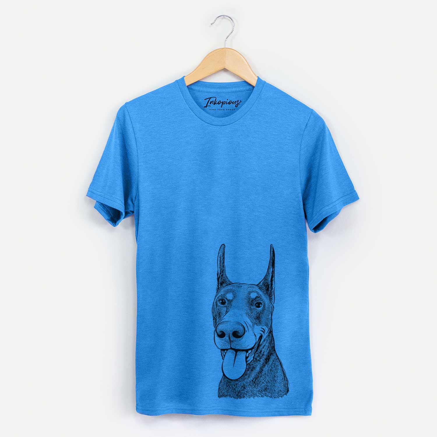 Hand-drawn sketch of Happy Sunny the Doberman Pinscher on a Blue Unisex crewneck